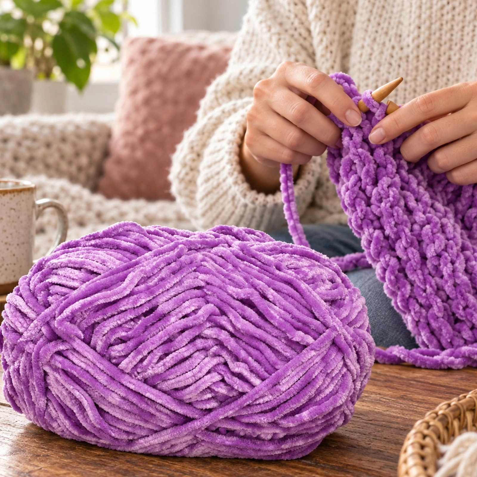 Hilo chenille grueso para tejer, 100 g, rojo lavanda 72 - Imagen 3