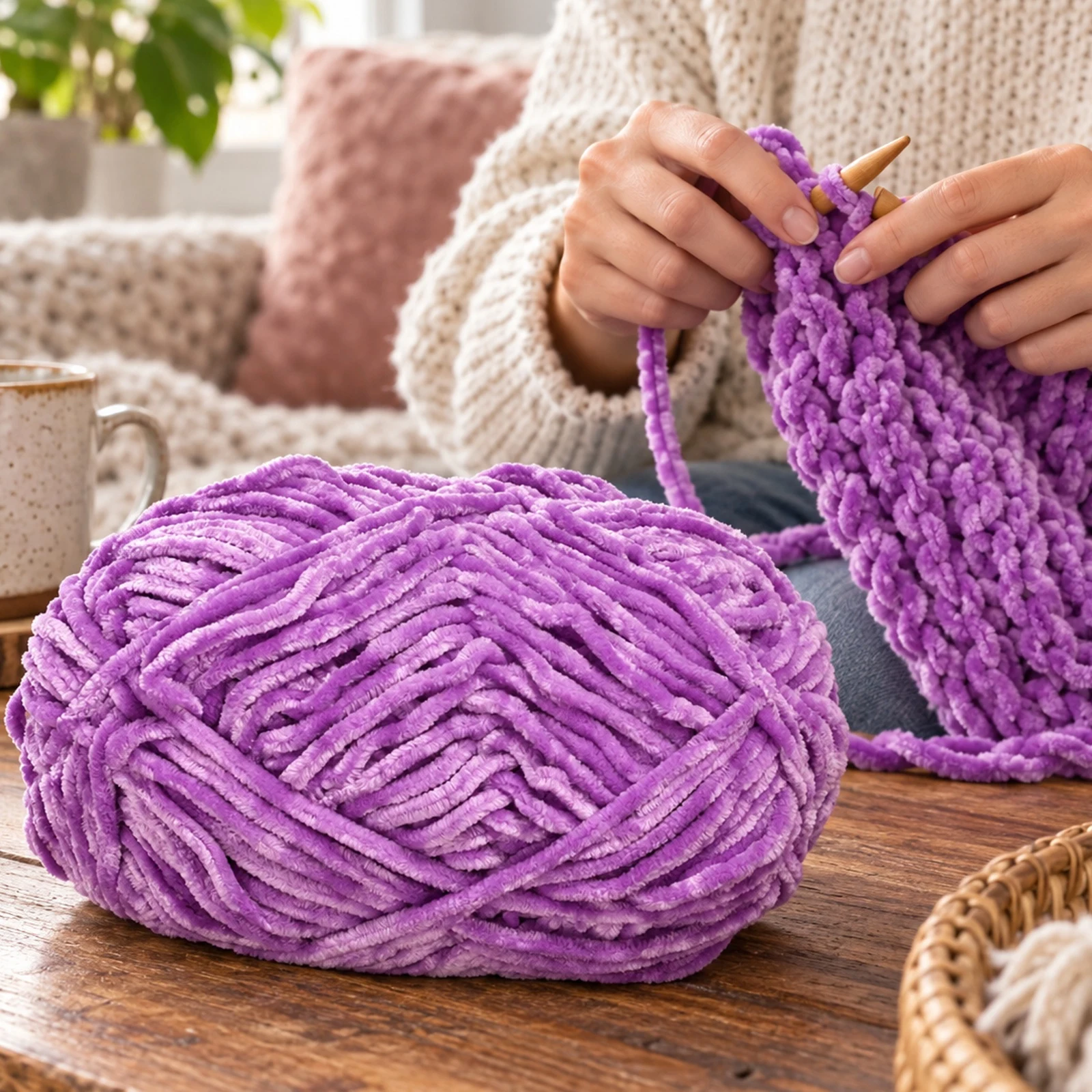 Hilo chenille grueso para tejer, 100 g, rojo lavanda 72 - Imagen 4