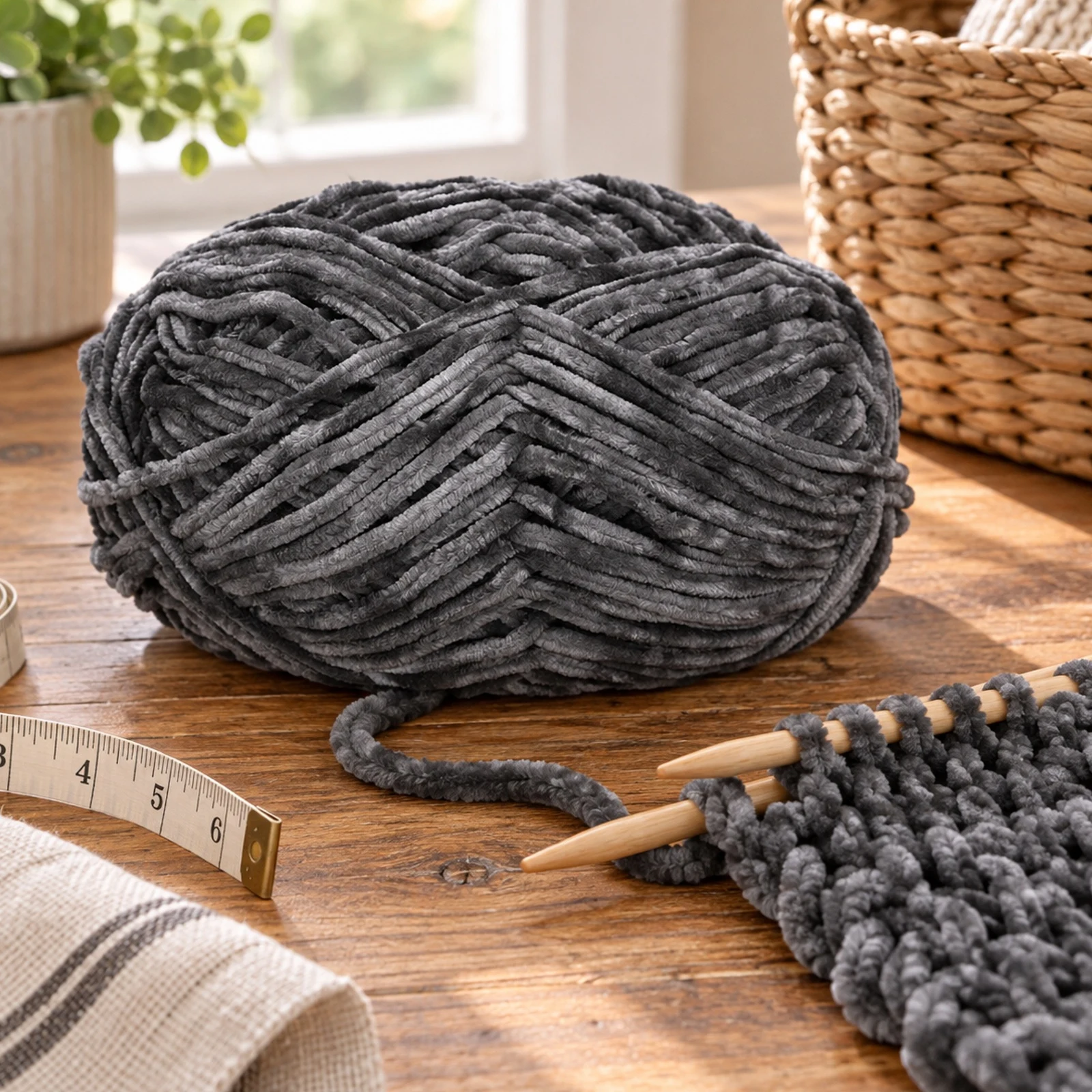 Hilo chenille grueso para tejer, 100 g, gris oscuro 73 - Imagen 2