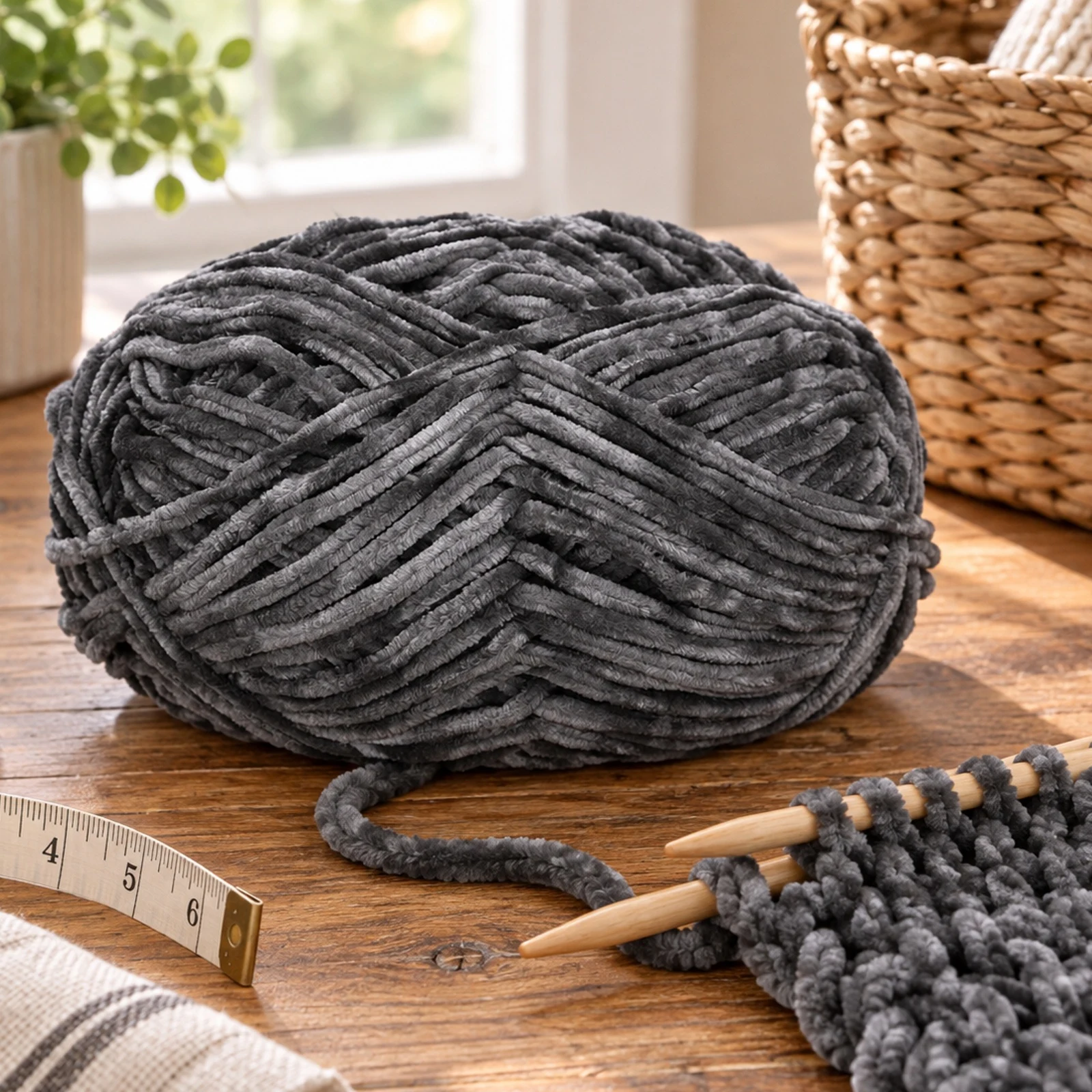 Hilo chenille grueso para tejer, 100 g, gris oscuro 73 - Imagen 3