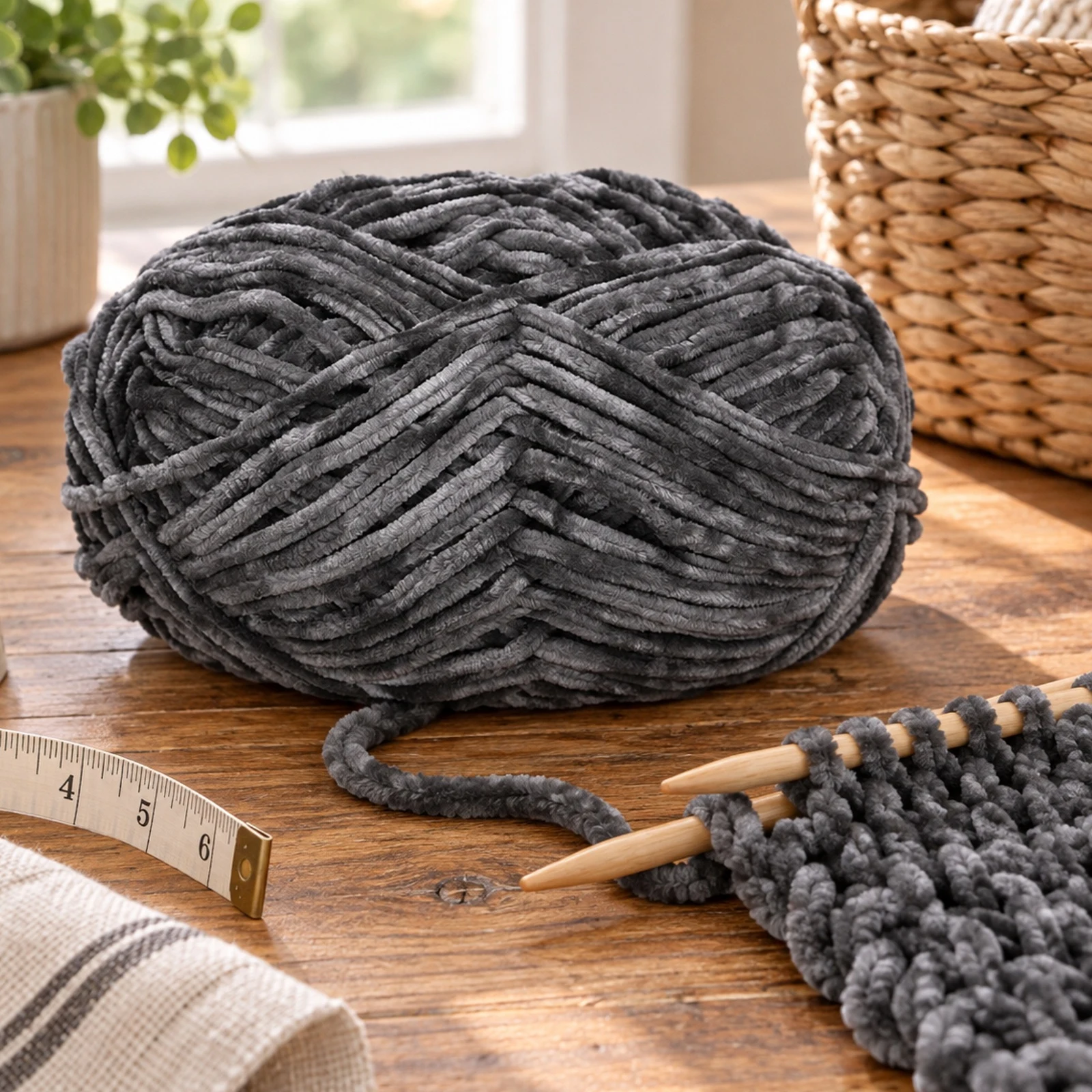 Hilo chenille grueso para tejer, 100 g, gris oscuro 73 - Imagen 4