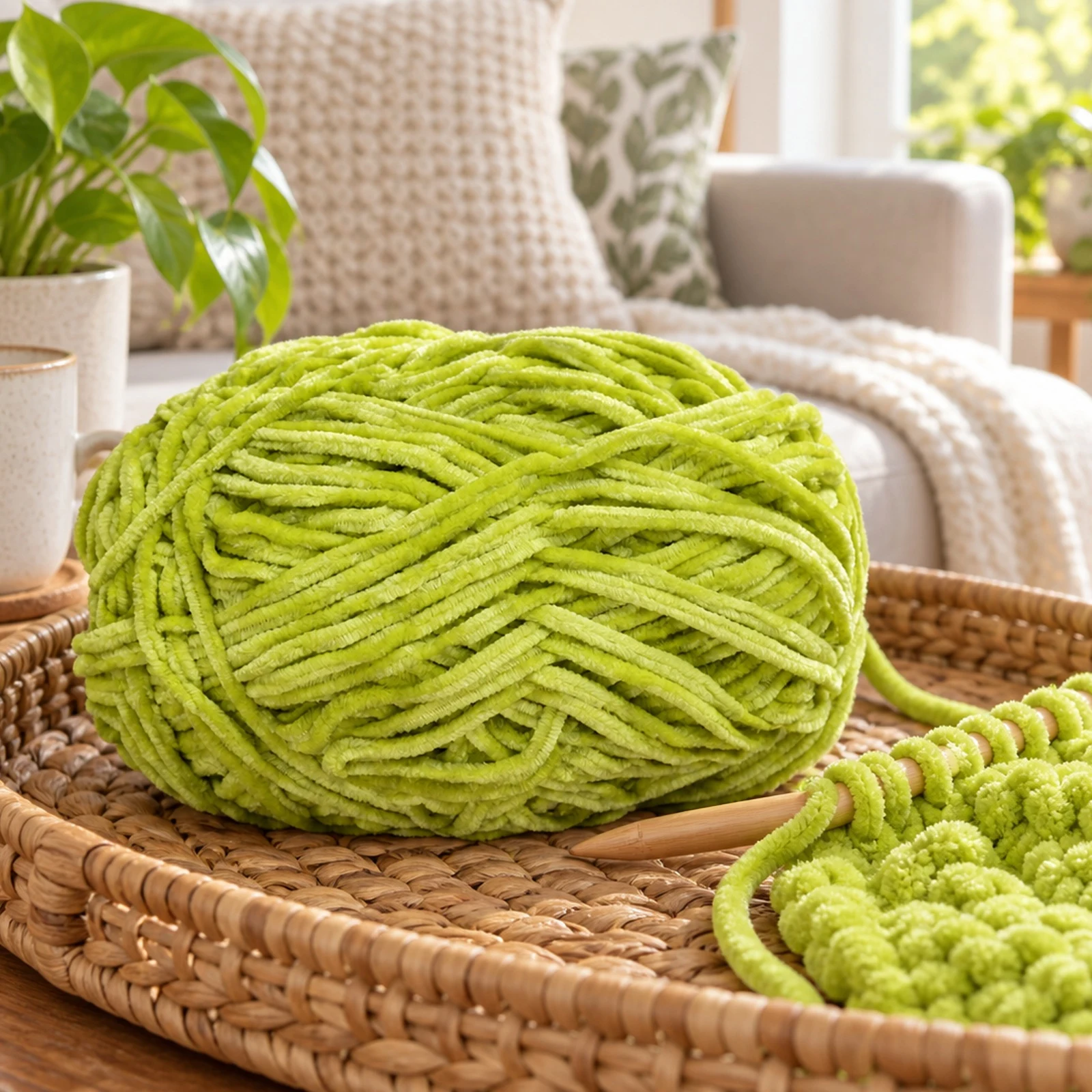 Hilo chenille grueso para tejer, 100 g, verde oliva 74 - Imagen 3