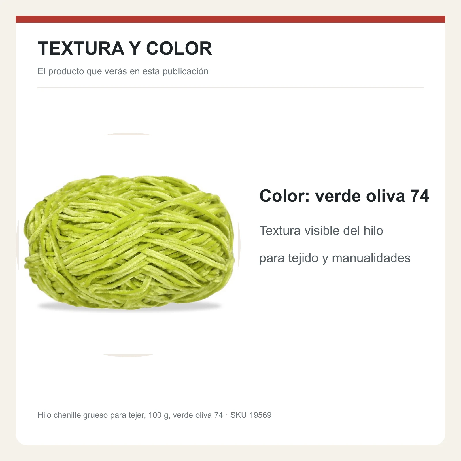 Hilo chenille grueso para tejer, 100 g, verde oliva 74 - Imagen 6