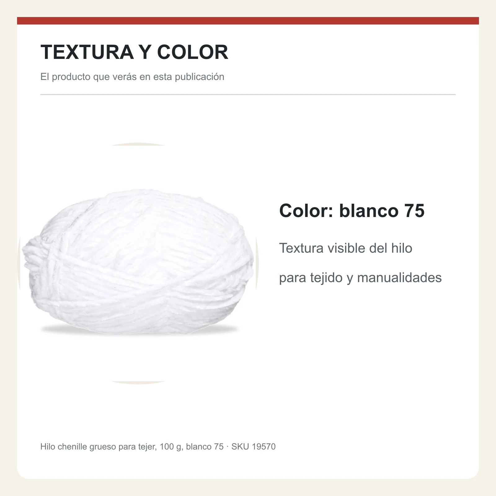 Hilo chenille grueso para tejer, 100 g, blanco 75 - Imagen 6