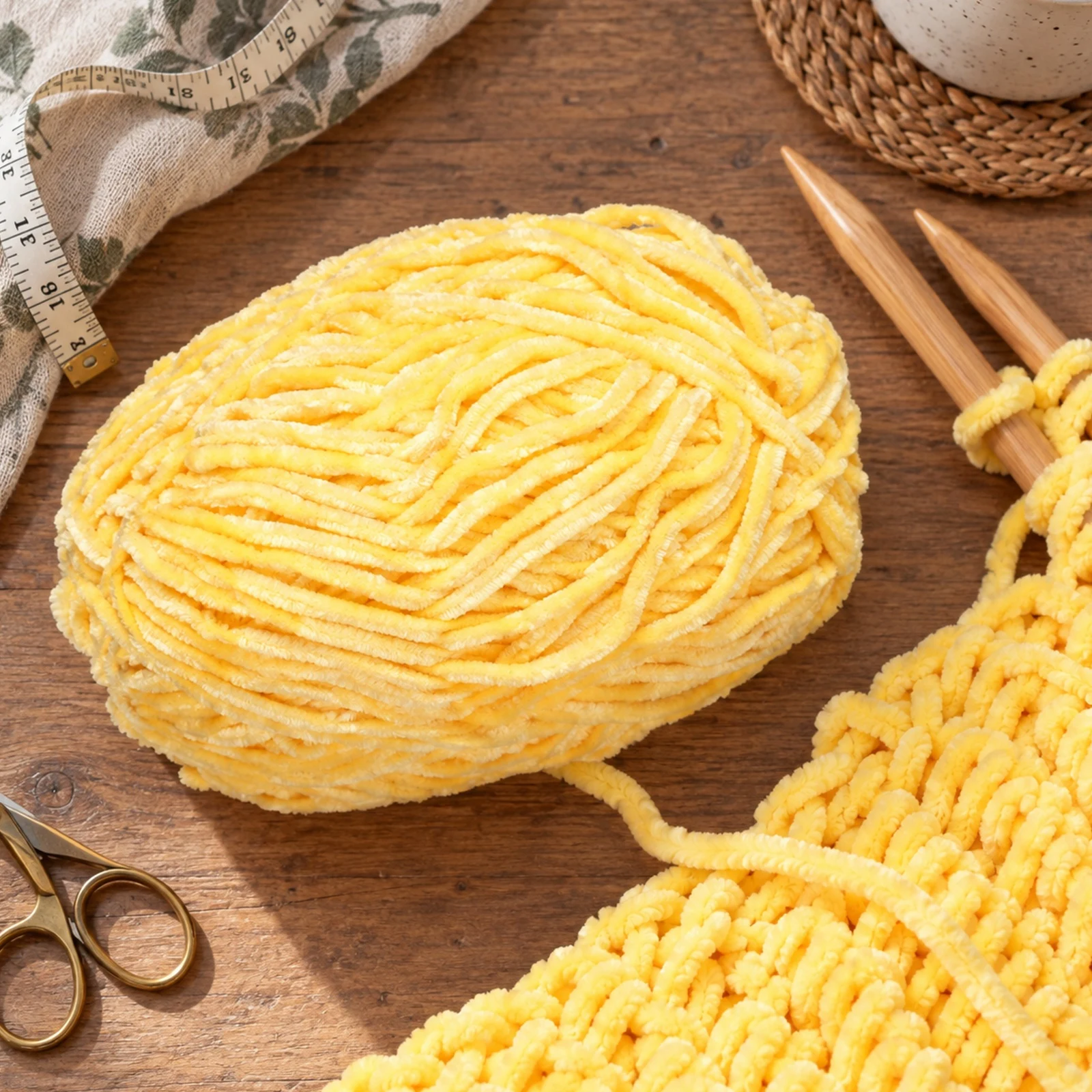 Hilo chenille grueso para tejer, 100 g, amarillo huevo 79 - Imagen 2