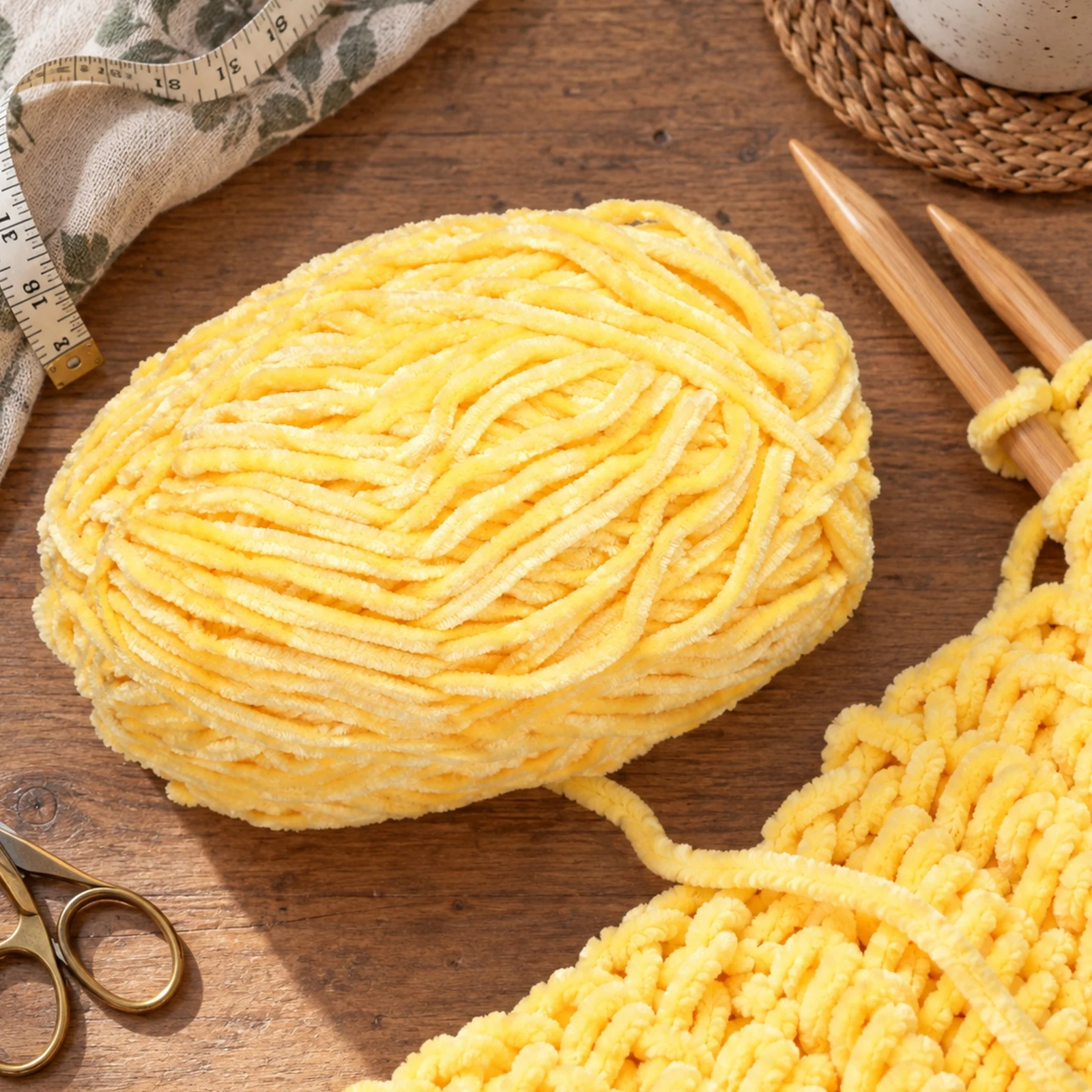 Hilo chenille grueso para tejer, 100 g, amarillo huevo 79 - Imagen 7