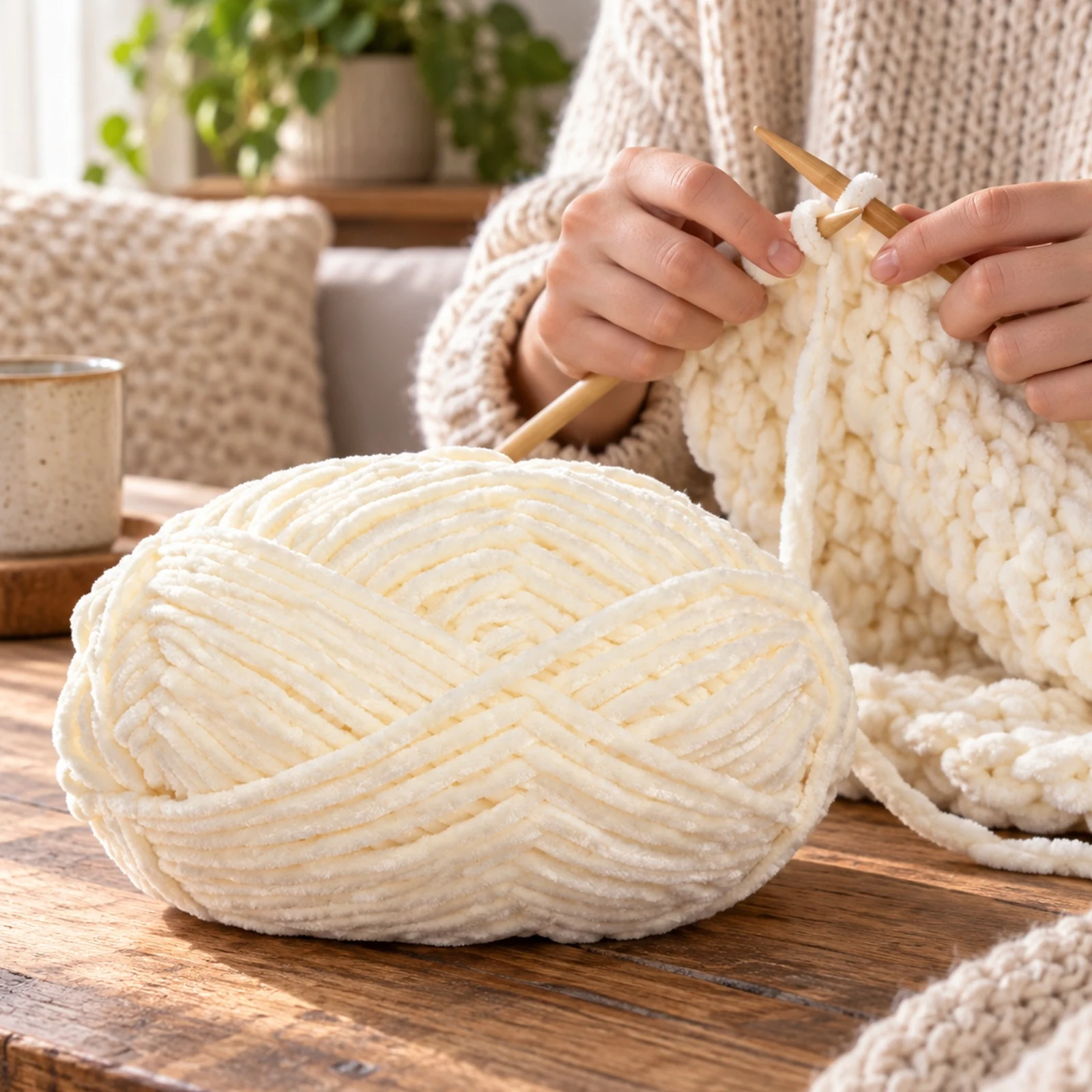 Hilo chenille grueso para tejer, 100 g, blanco crema 80 - Imagen 2