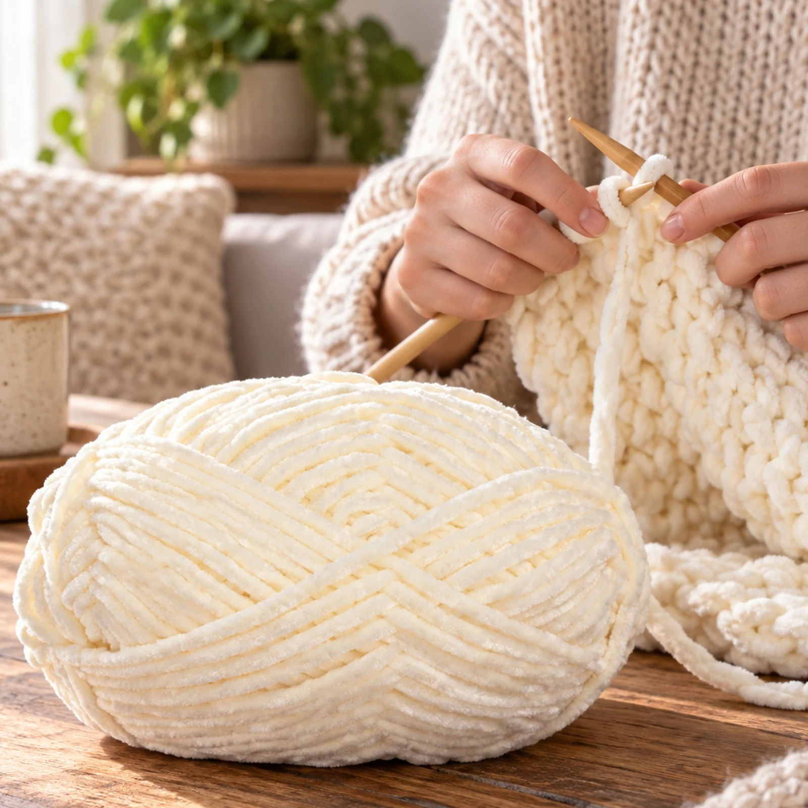 Hilo chenille grueso para tejer, 100 g, blanco crema 80 - Imagen 3