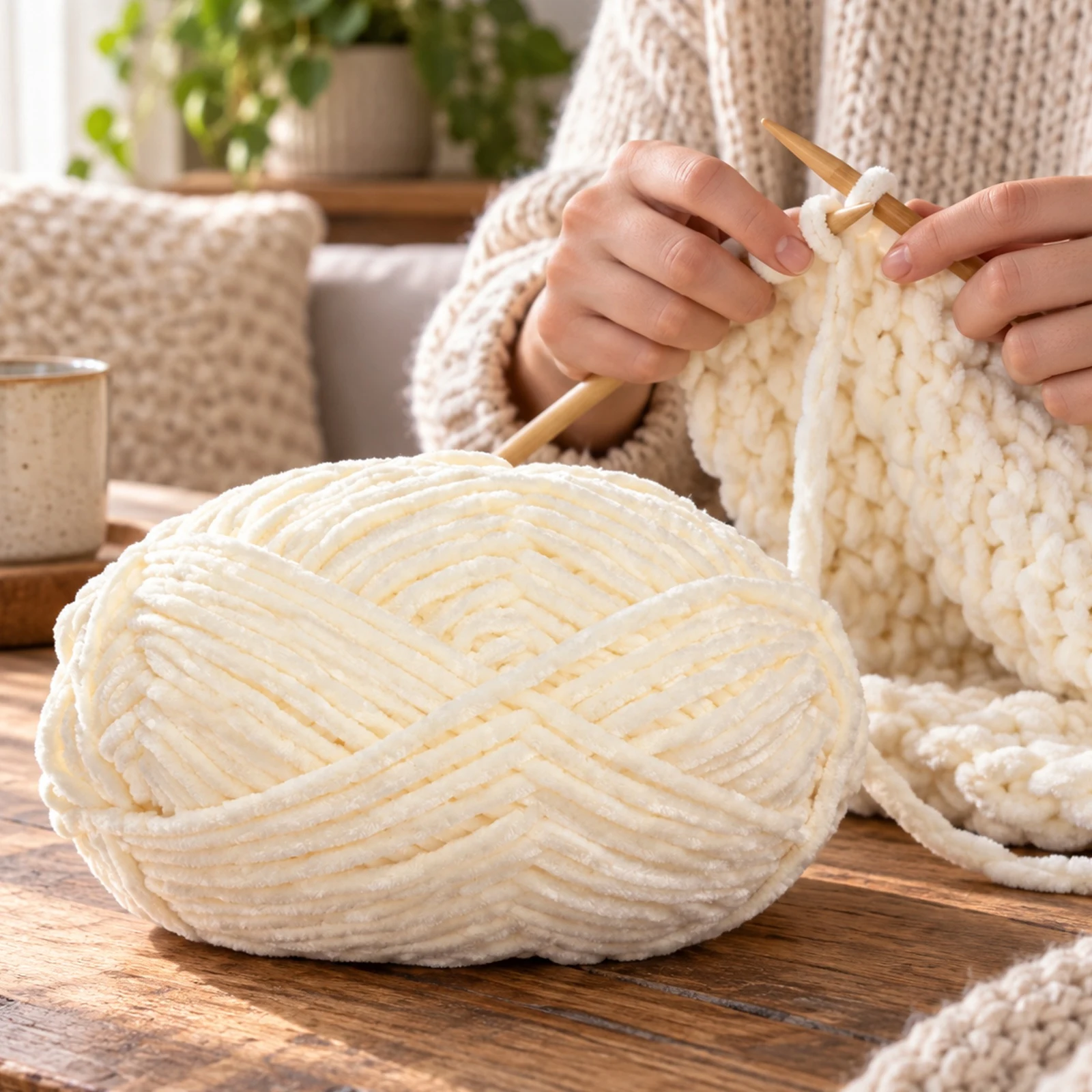 Hilo chenille grueso para tejer, 100 g, blanco crema 80 - Imagen 4