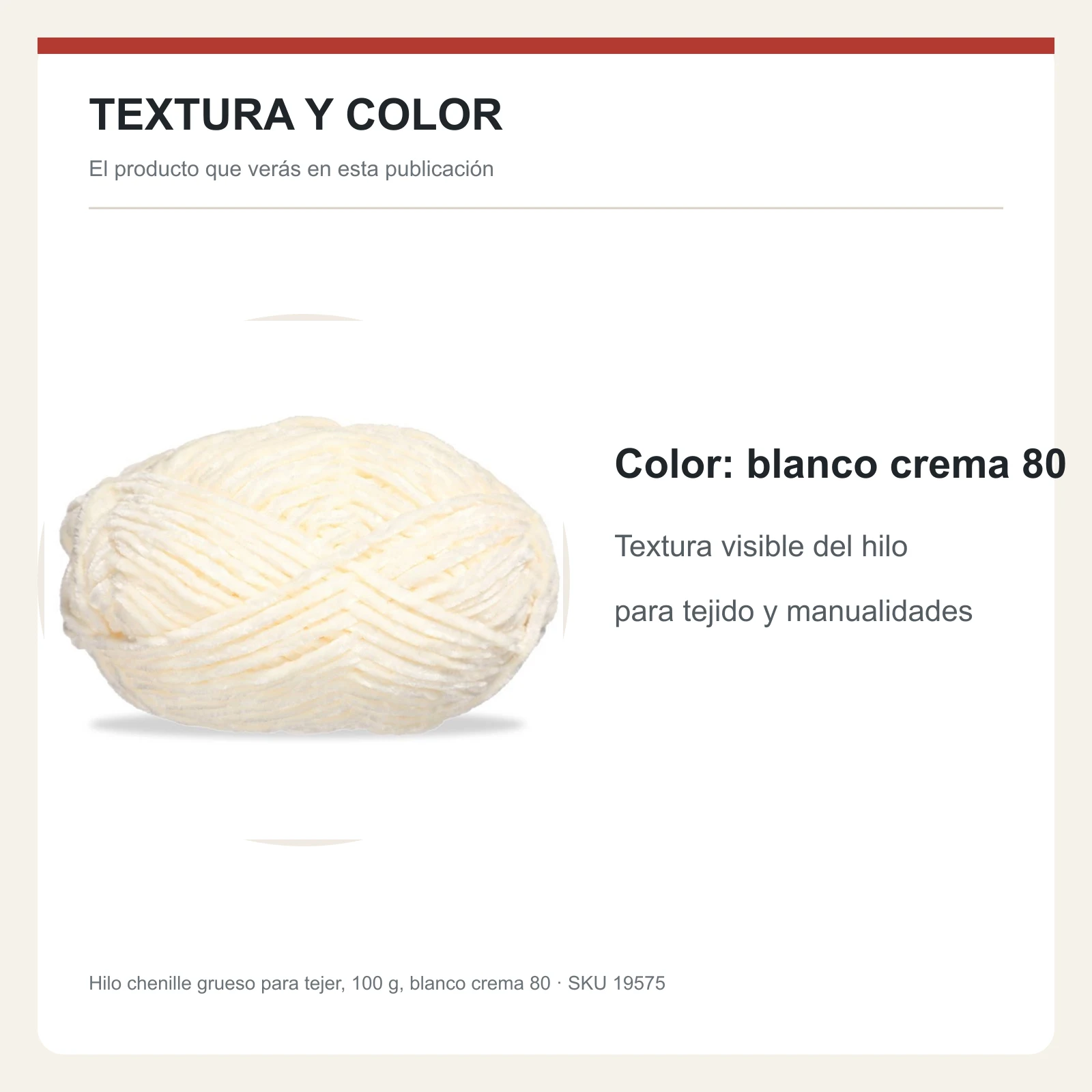 Hilo chenille grueso para tejer, 100 g, blanco crema 80 - Imagen 6