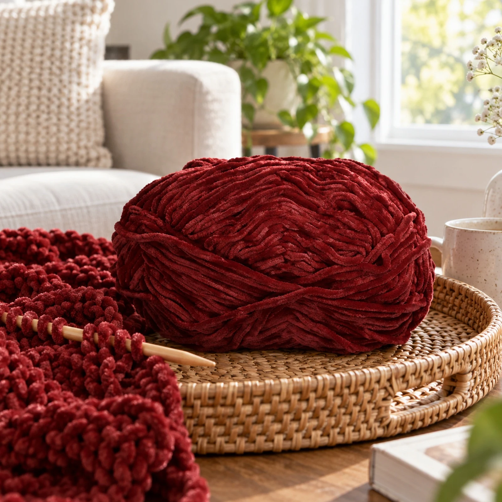 Hilo chenille grueso para tejer, 100 g, burdeos 82 - Imagen 2