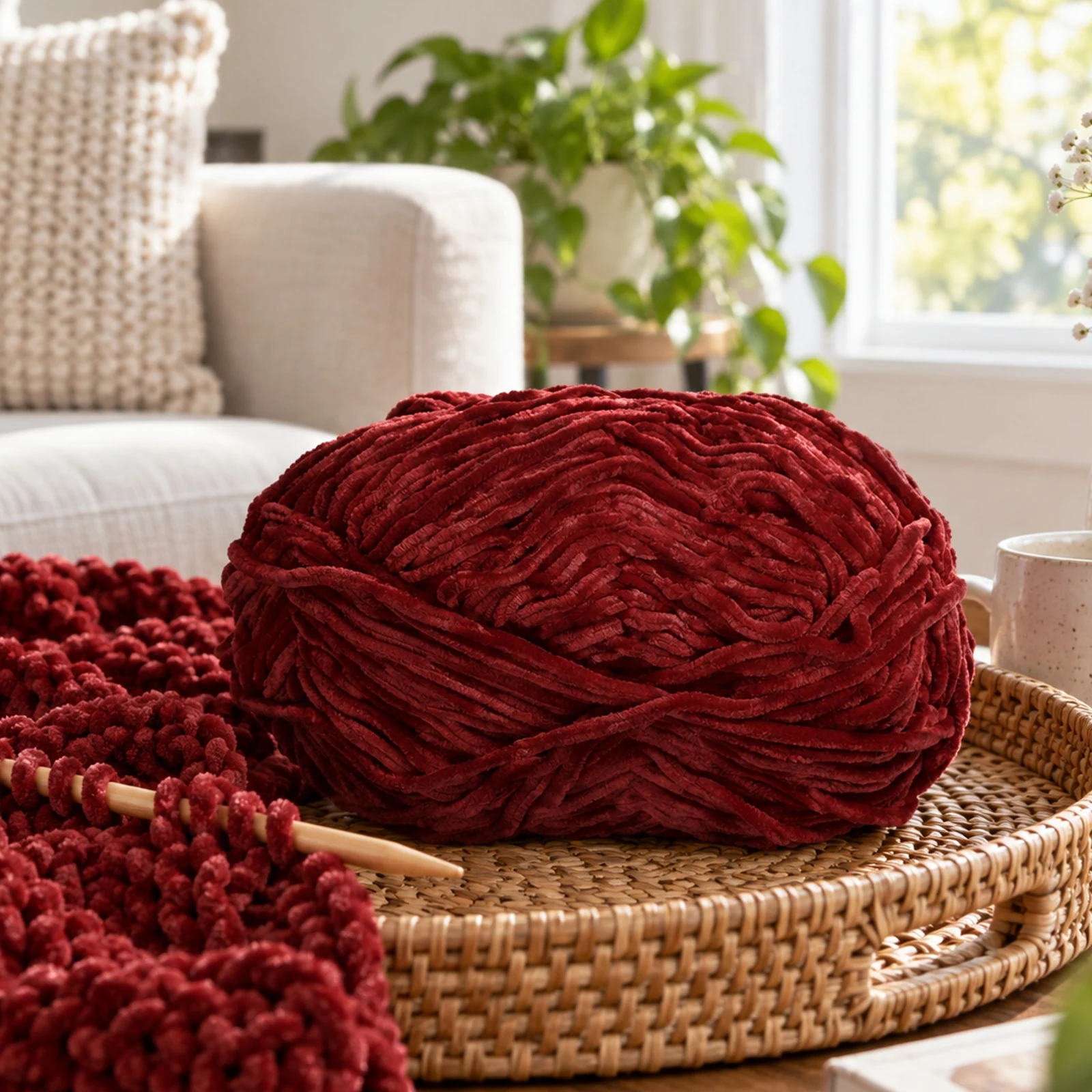 Hilo chenille grueso para tejer, 100 g, burdeos 82 - Imagen 3