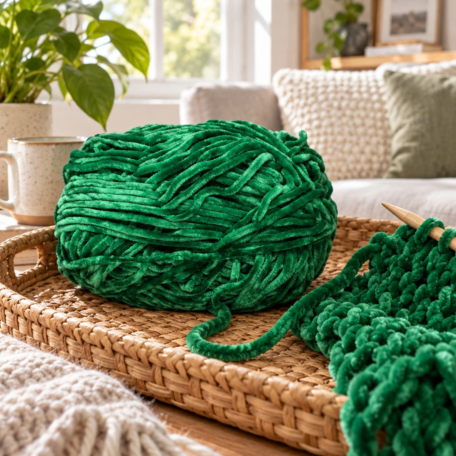 Hilo chenille grueso para tejer, 100 g, verde militar 86 - Imagen 2
