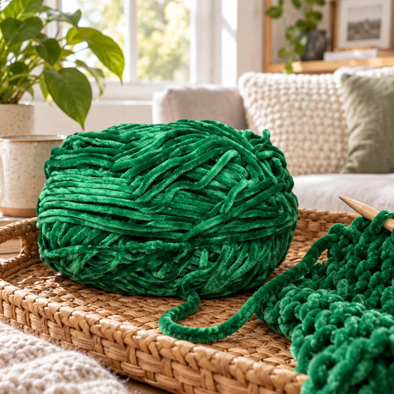 Hilo chenille grueso para tejer, 100 g, verde militar 86 - Imagen 3