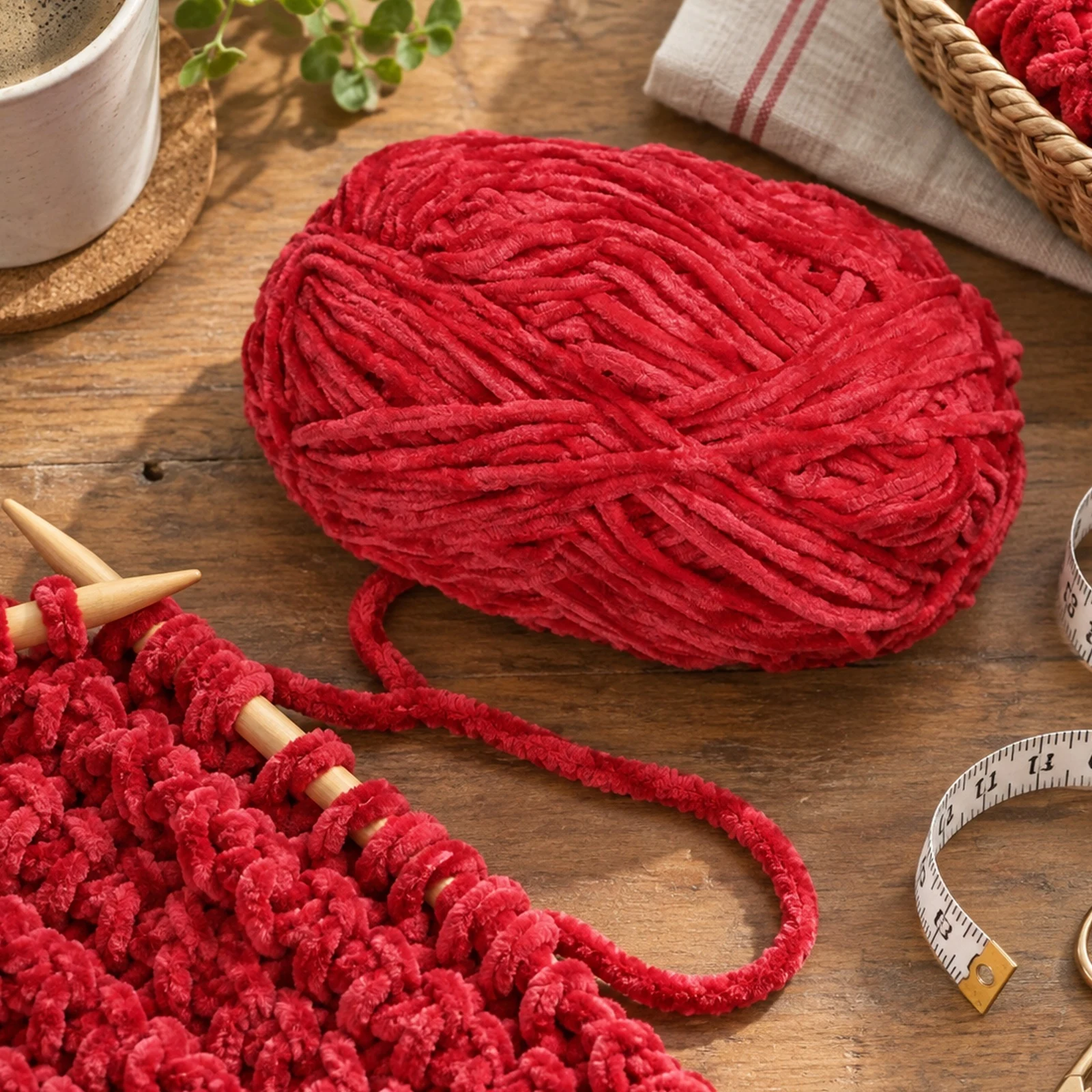 Hilo chenille grueso para tejer, 100 g, rojo sandía 87 - Imagen 3