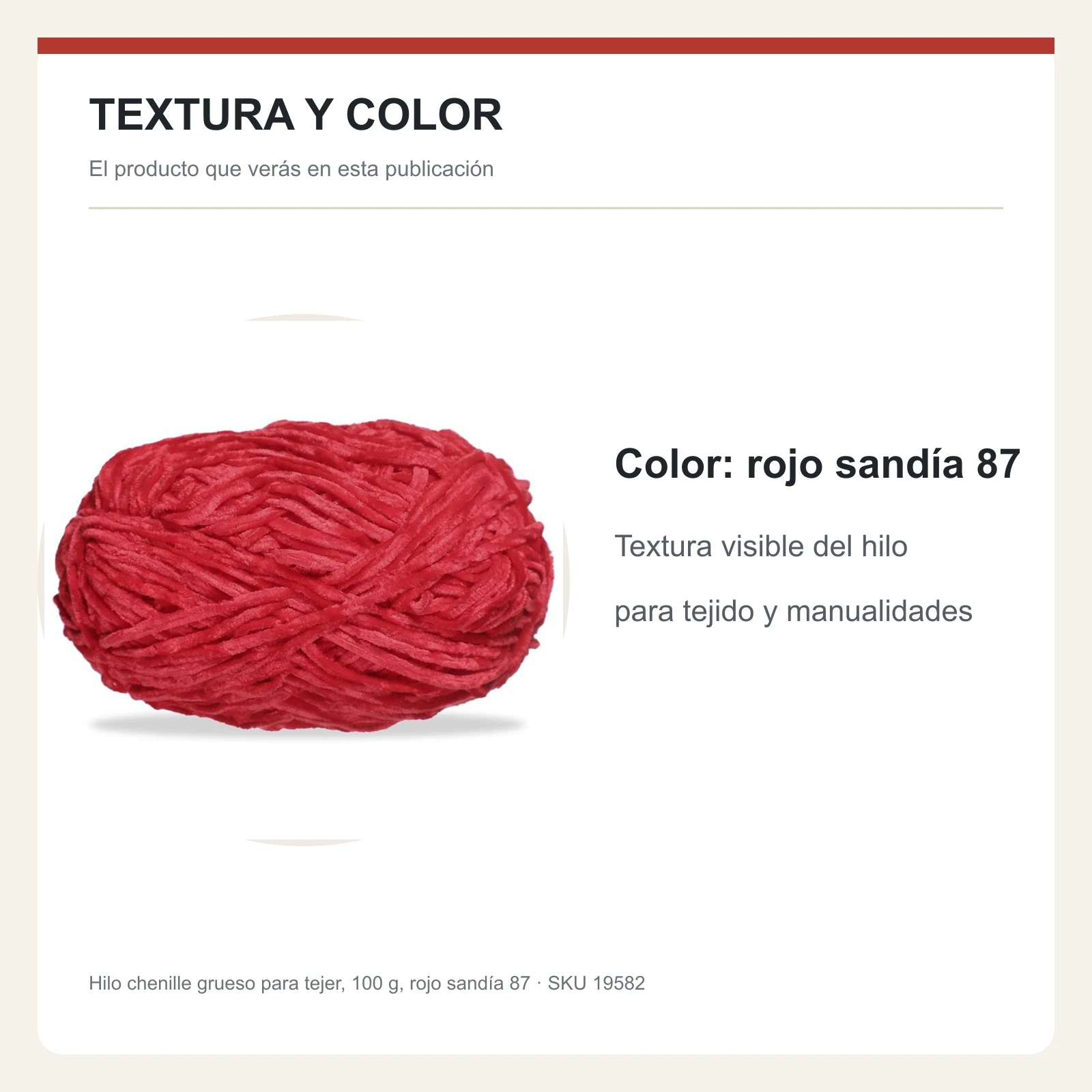 Hilo chenille grueso para tejer, 100 g, rojo sandía 87 - Imagen 6