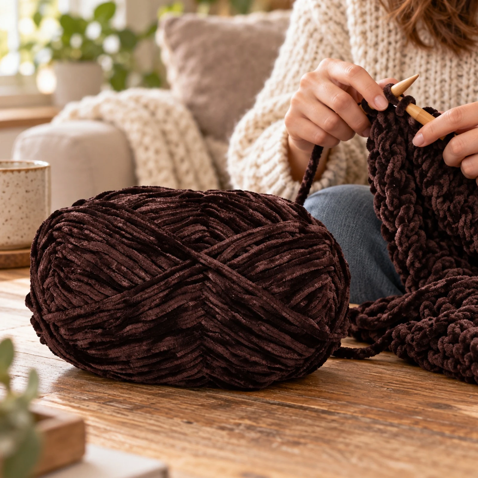Hilo chenille grueso para tejer, 100 g, café 88 - Imagen 2