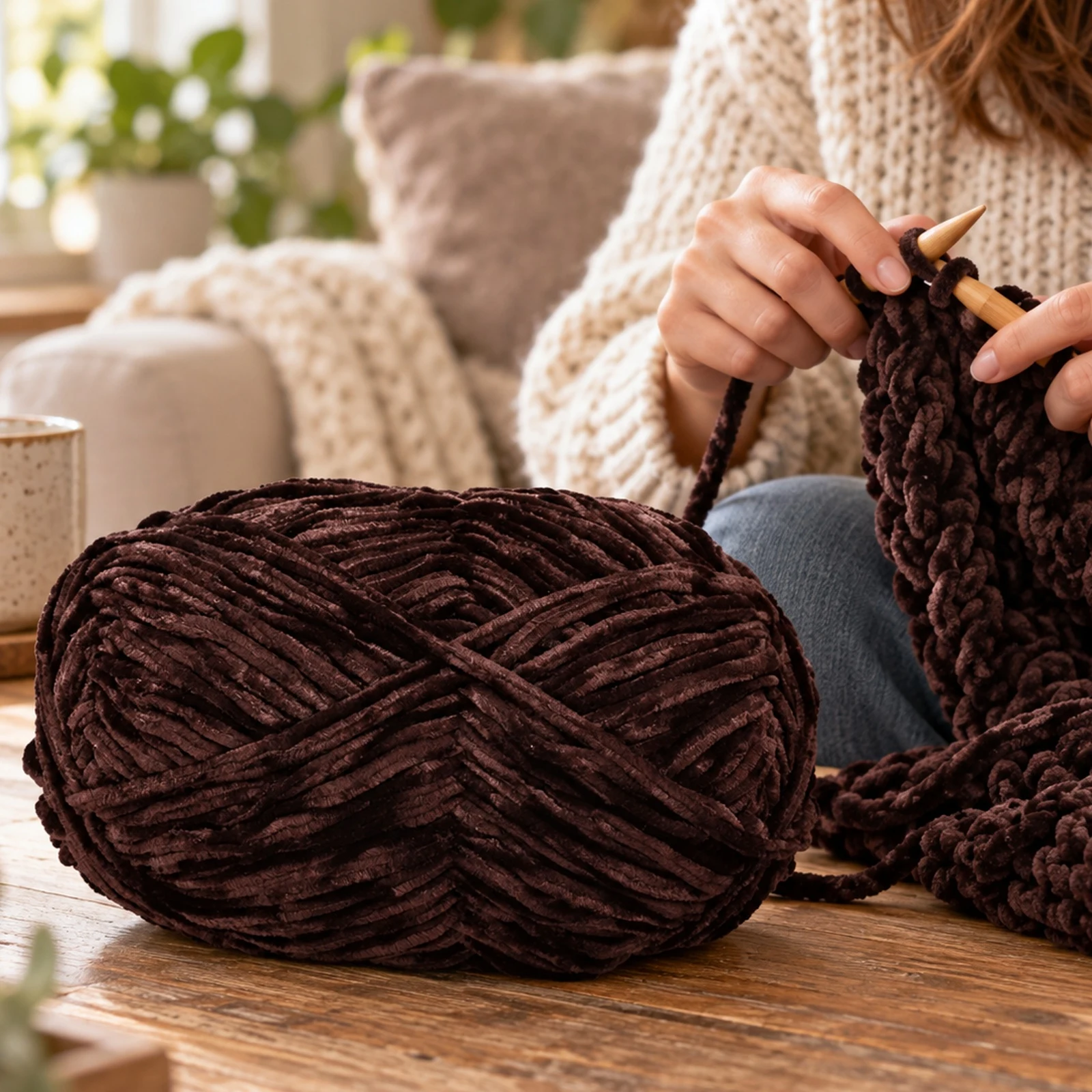 Hilo chenille grueso para tejer, 100 g, café 88 - Imagen 3