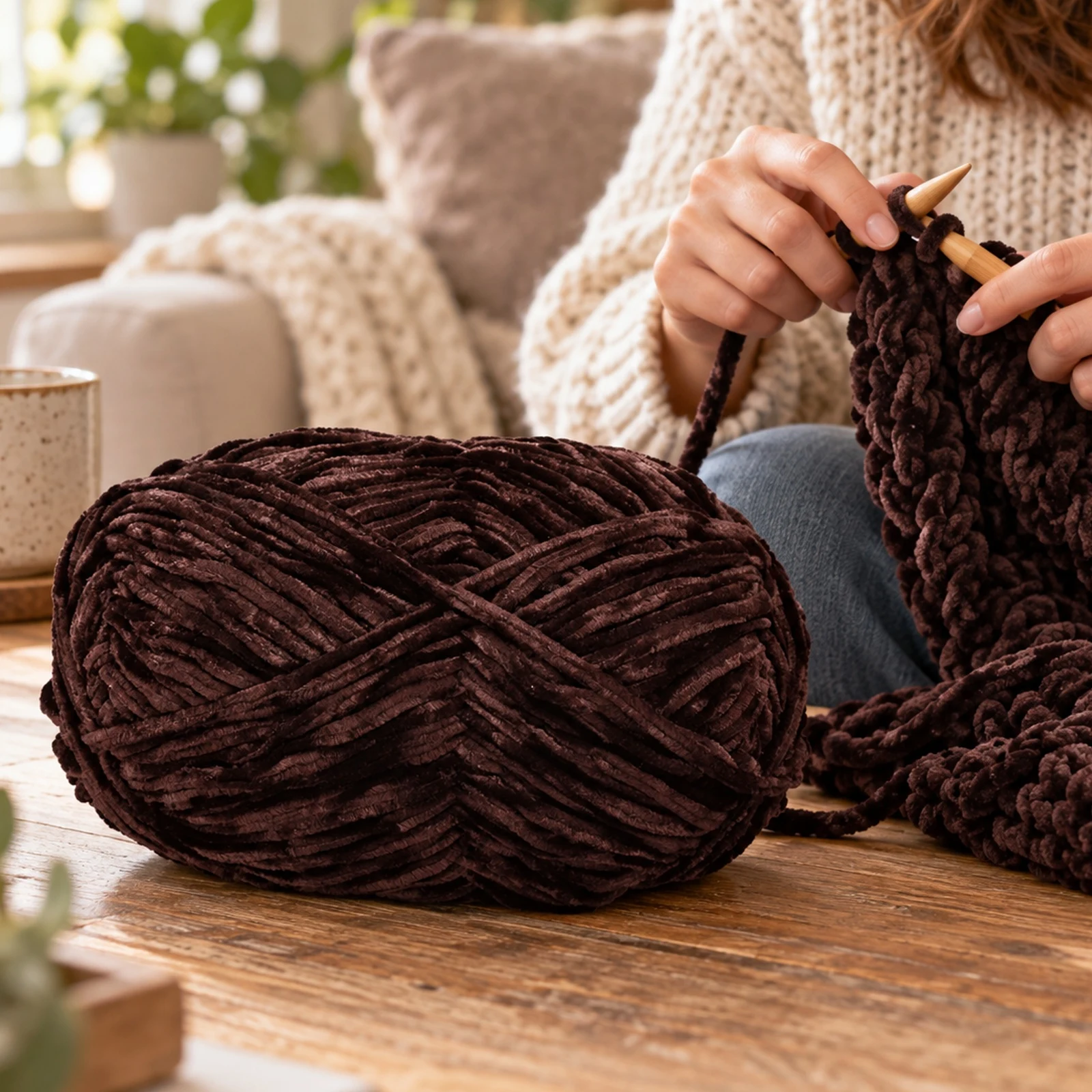 Hilo chenille grueso para tejer, 100 g, café 88 - Imagen 7