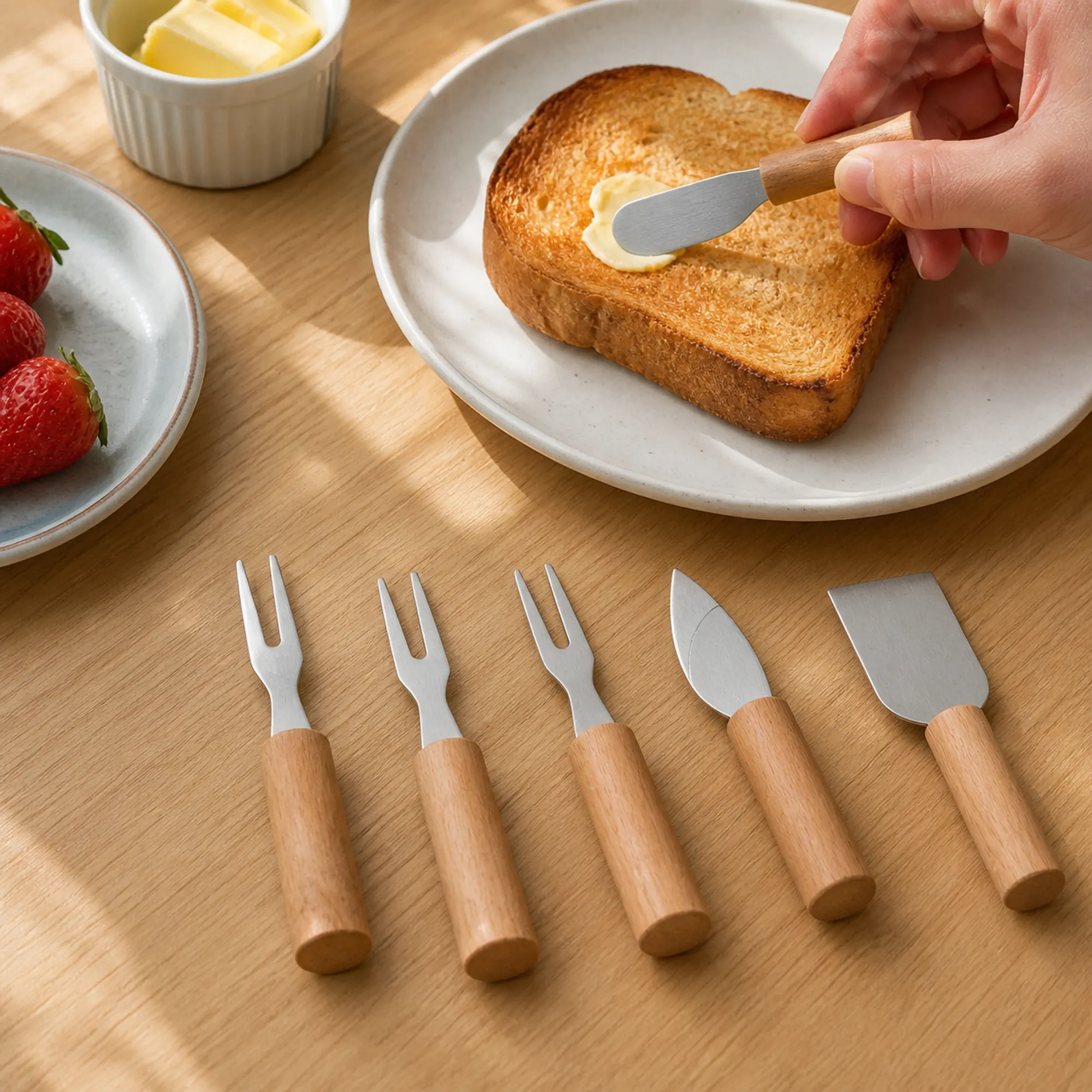 Esparcidor pequeño con mango de madera untando mantequilla sobre pan tostado