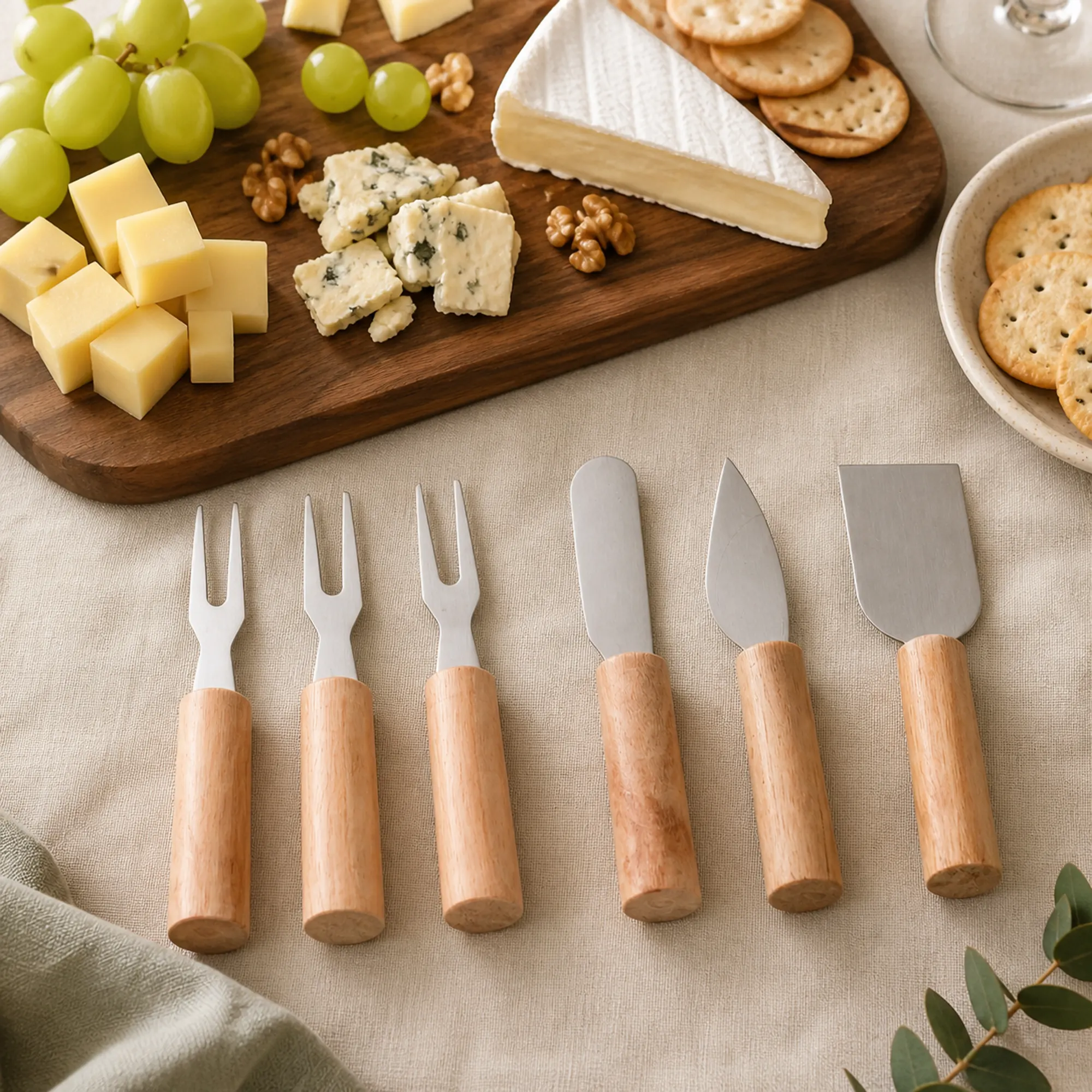 Set de seis utensilios pequeños junto a una tabla de quesos y aperitivos