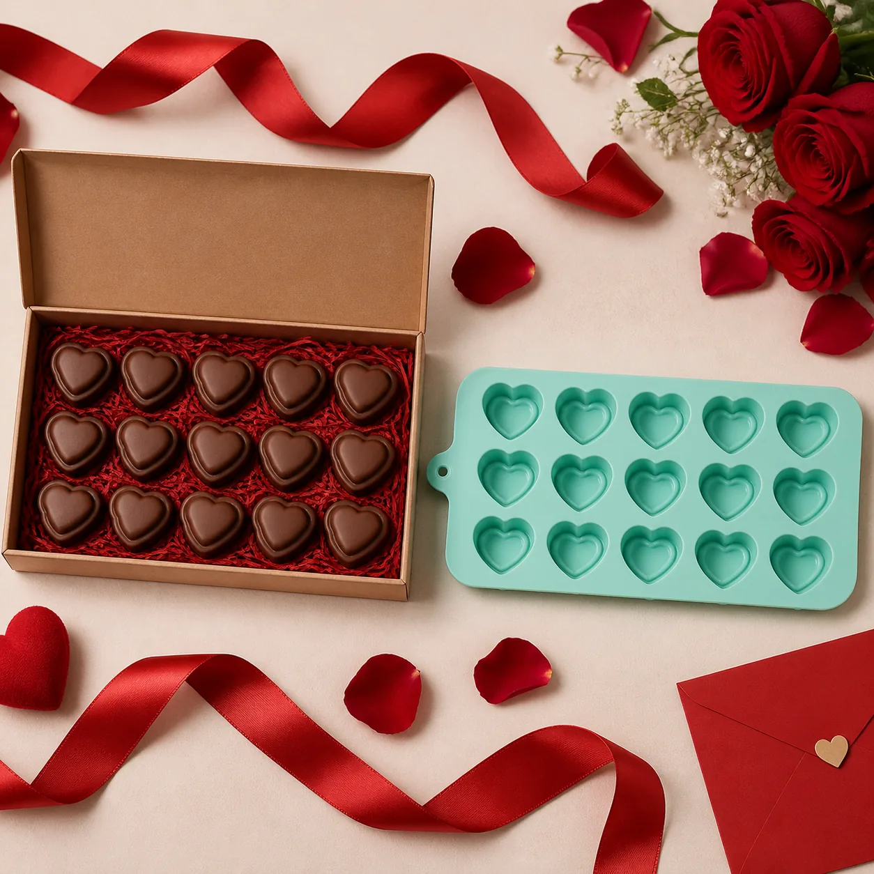Chocolates de corazón en caja de regalo junto al molde de 15 cavidades