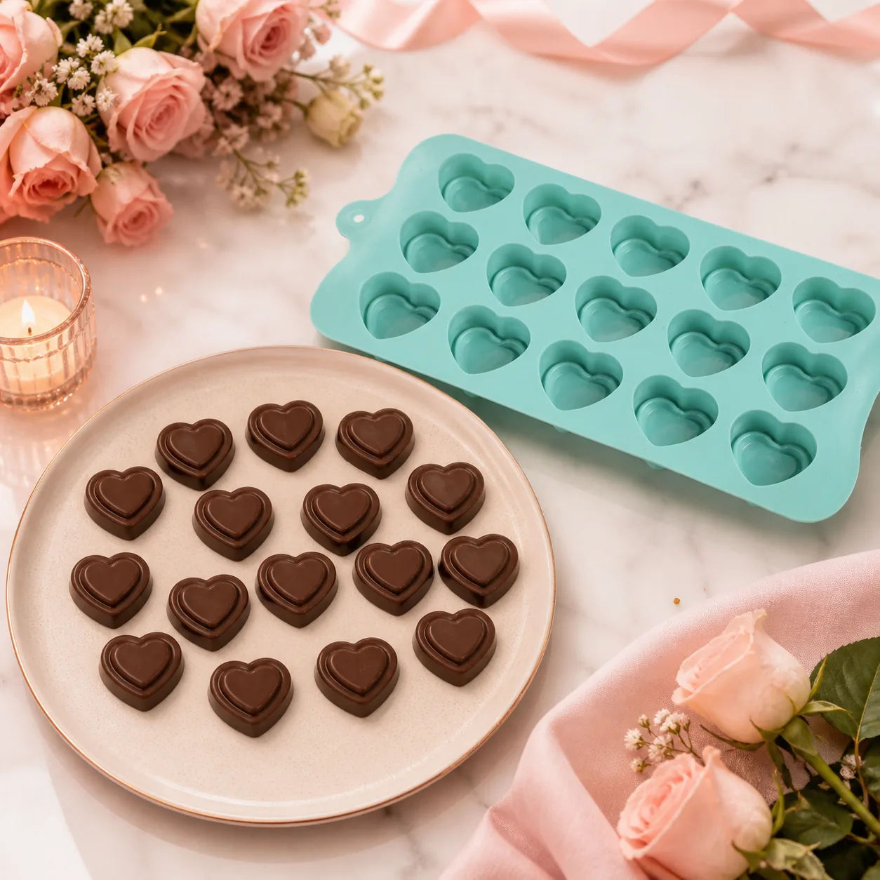 Presentación de 15 chocolates de corazón junto al molde de silicona