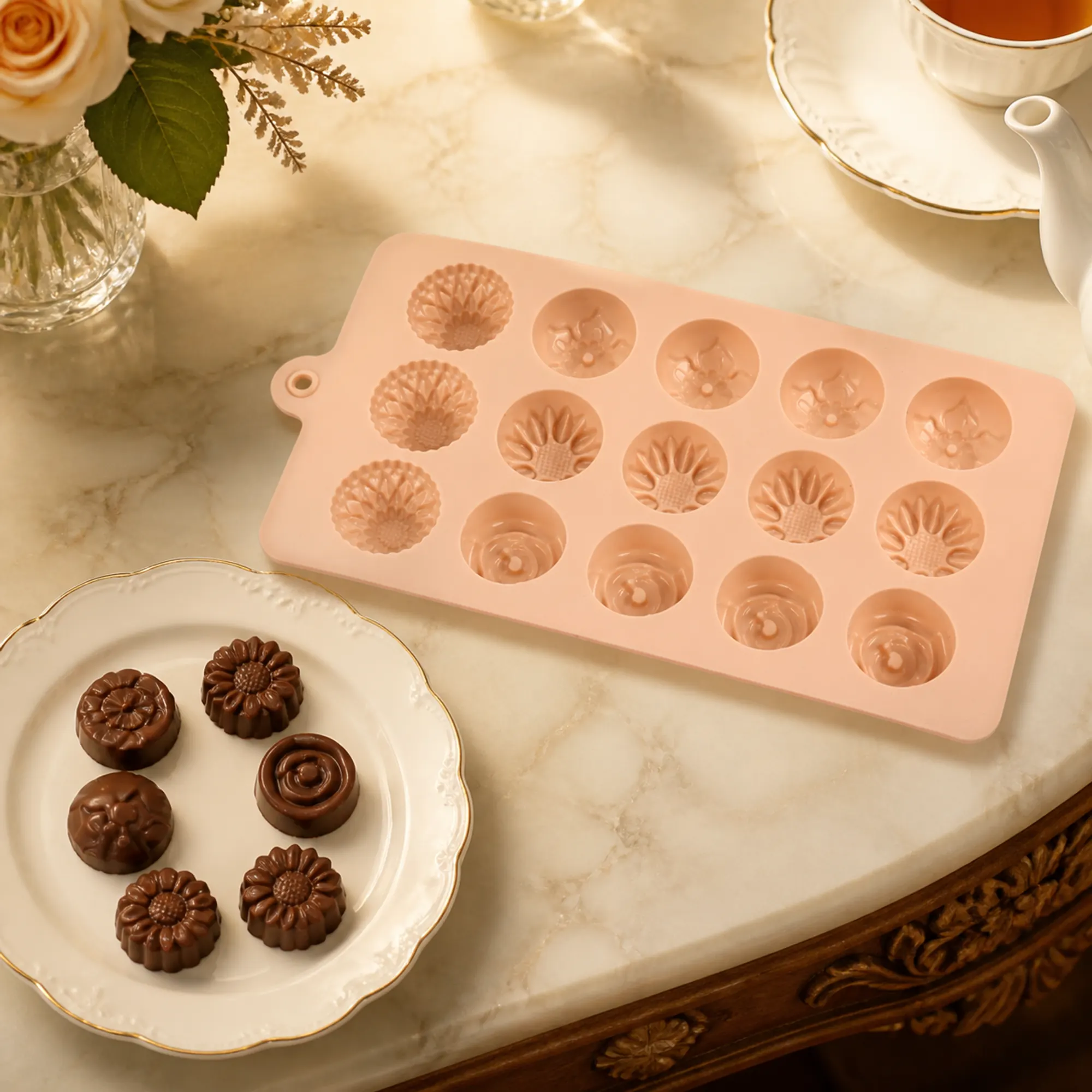 Seis chocolates florales junto al molde de 15 cavidades