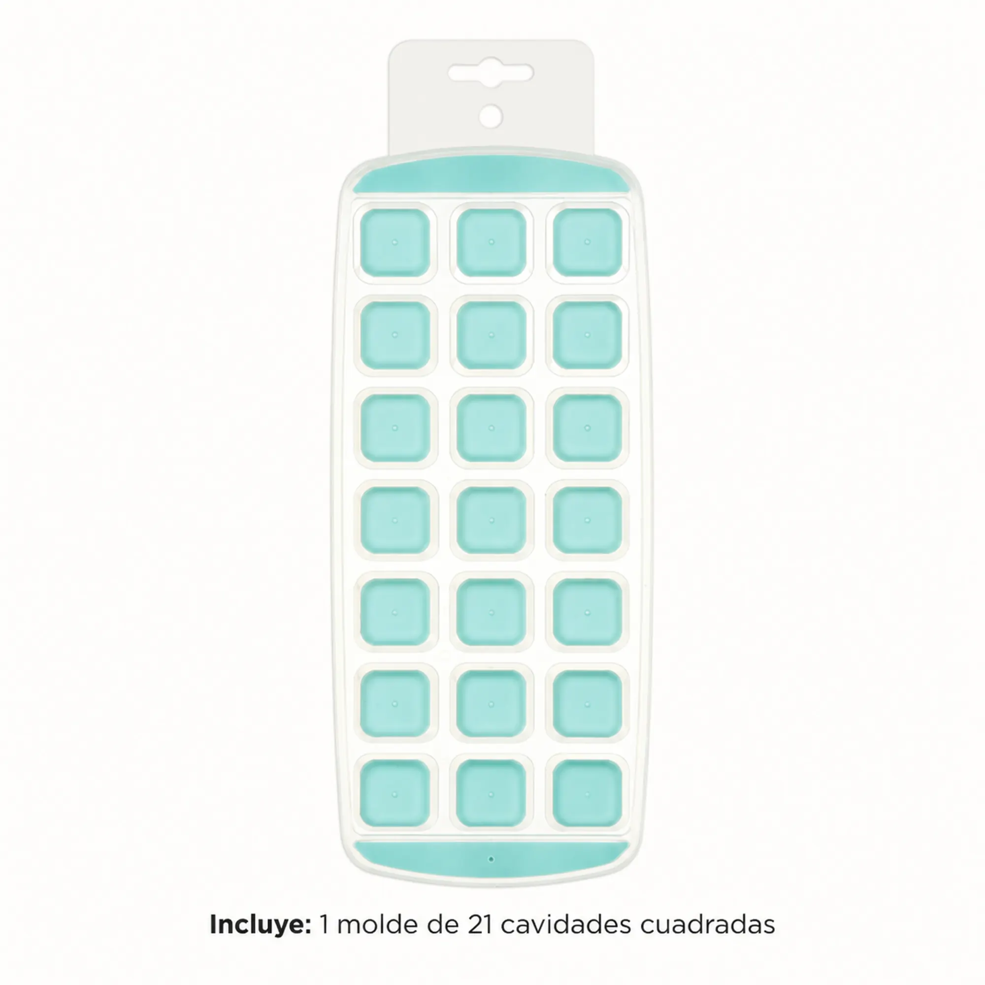 Contenido del paquete con un molde plástico de 21 cavidades cuadradas