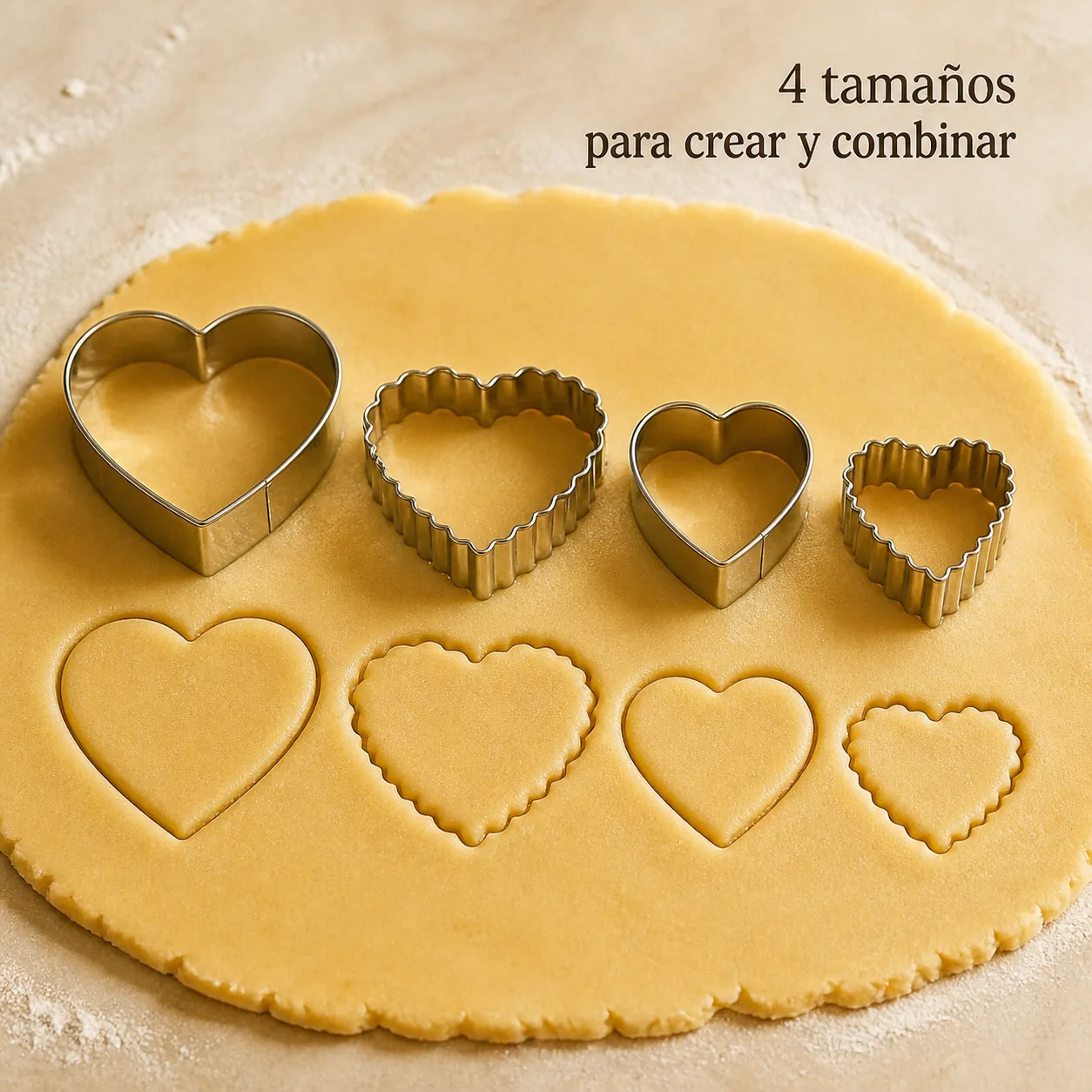 Cuatro tamaños de cortadores de corazón aplicados sobre masa de galletas