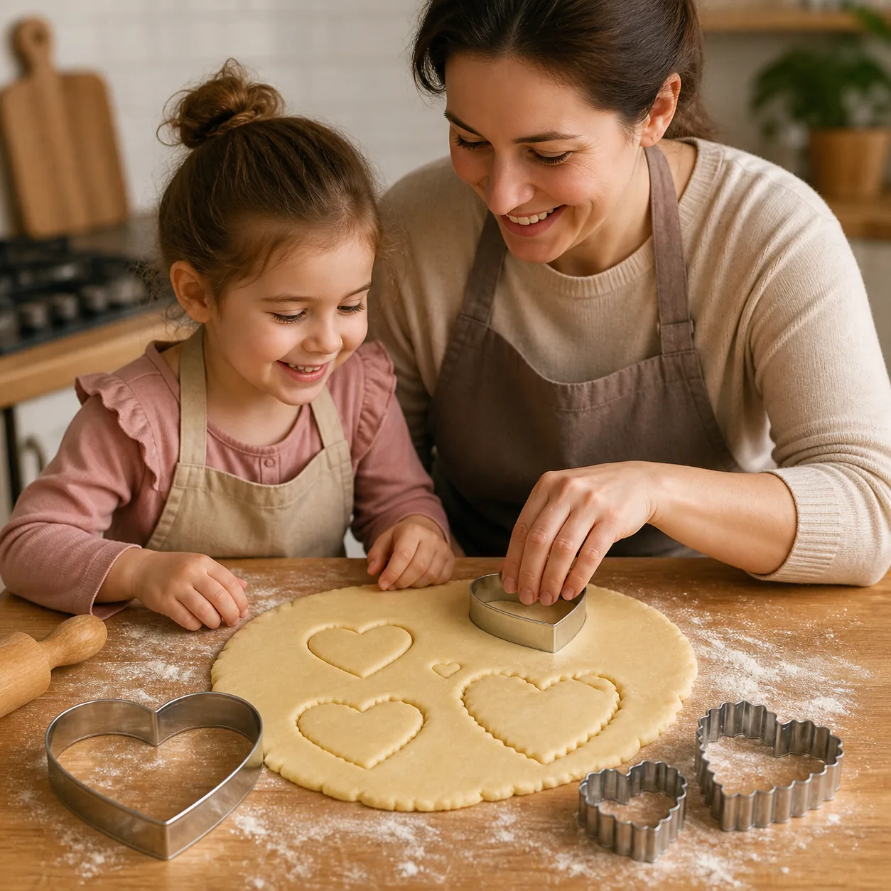 Familia usando set de cuatro cortadores de corazón en la cocina