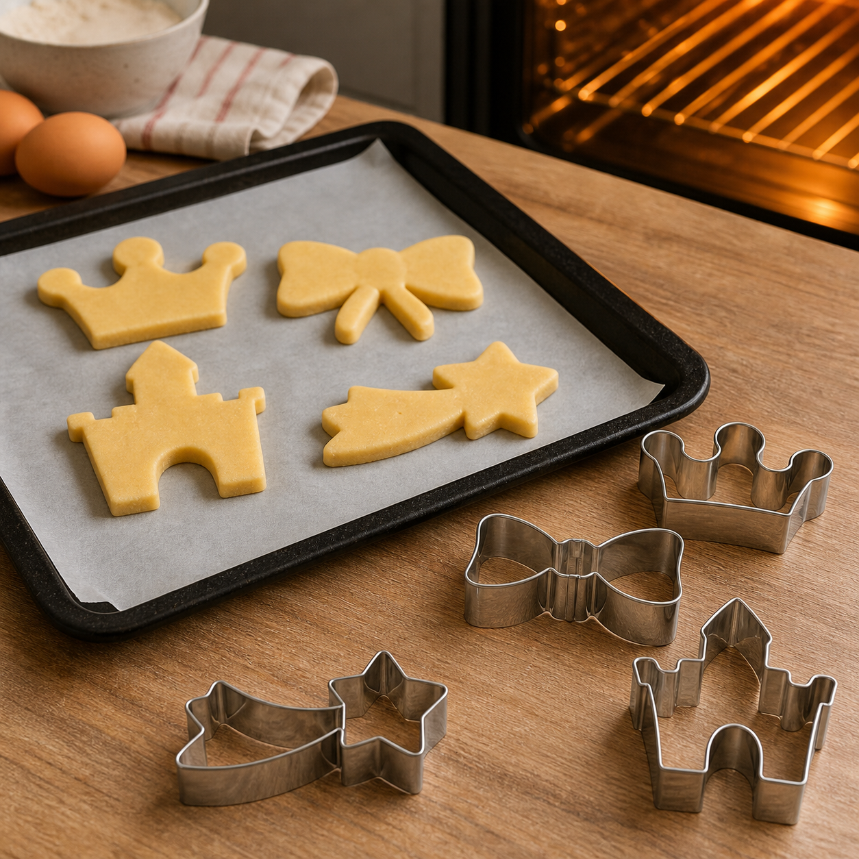 Galletas de corona, lazo, castillo y estrella fugaz preparadas en bandeja de horno