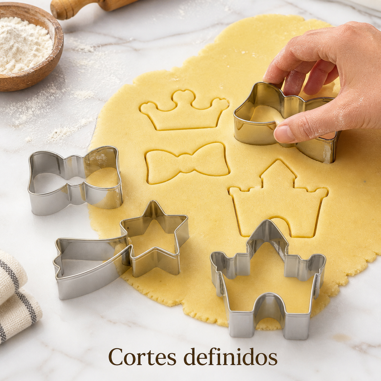Cortadores de galletas formando corona, lazo, castillo y estrella fugaz en masa