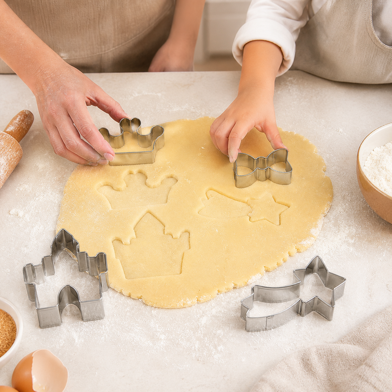 Adulto y niño usando cuatro cortadores de galletas en la cocina