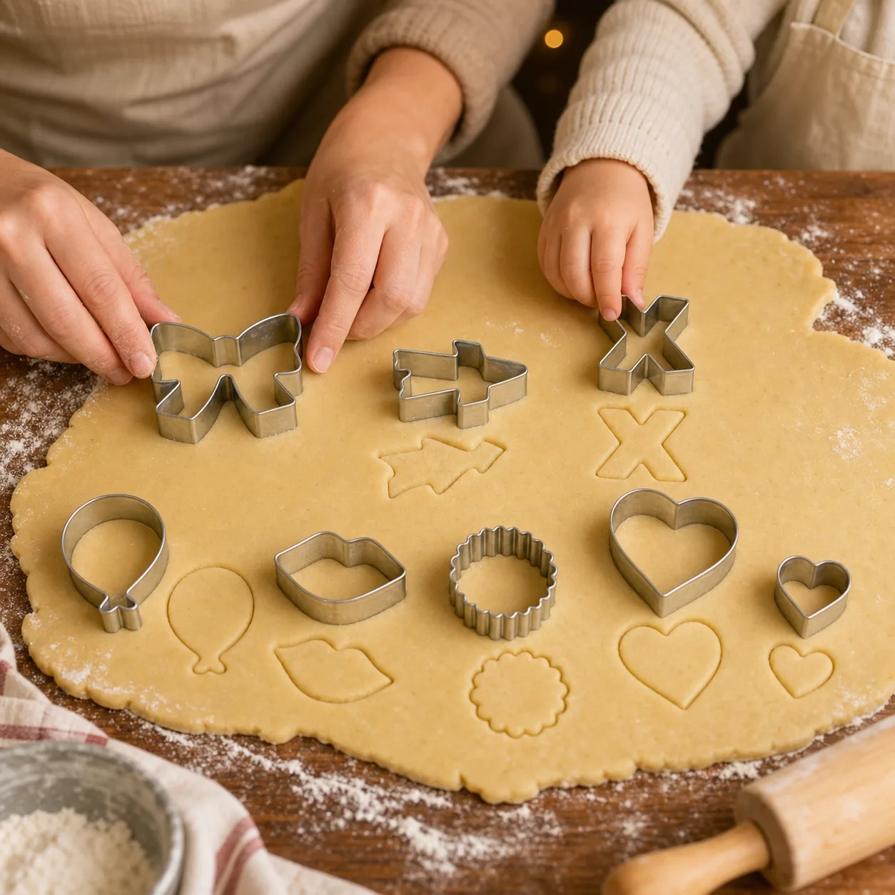 Familia usando cortadores románticos de galletas en la cocina