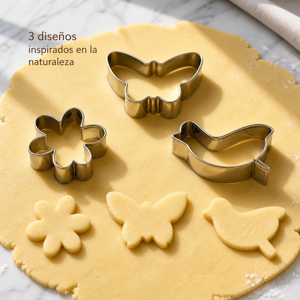 Tres cortadores inspirados en la naturaleza sobre masa de galletas