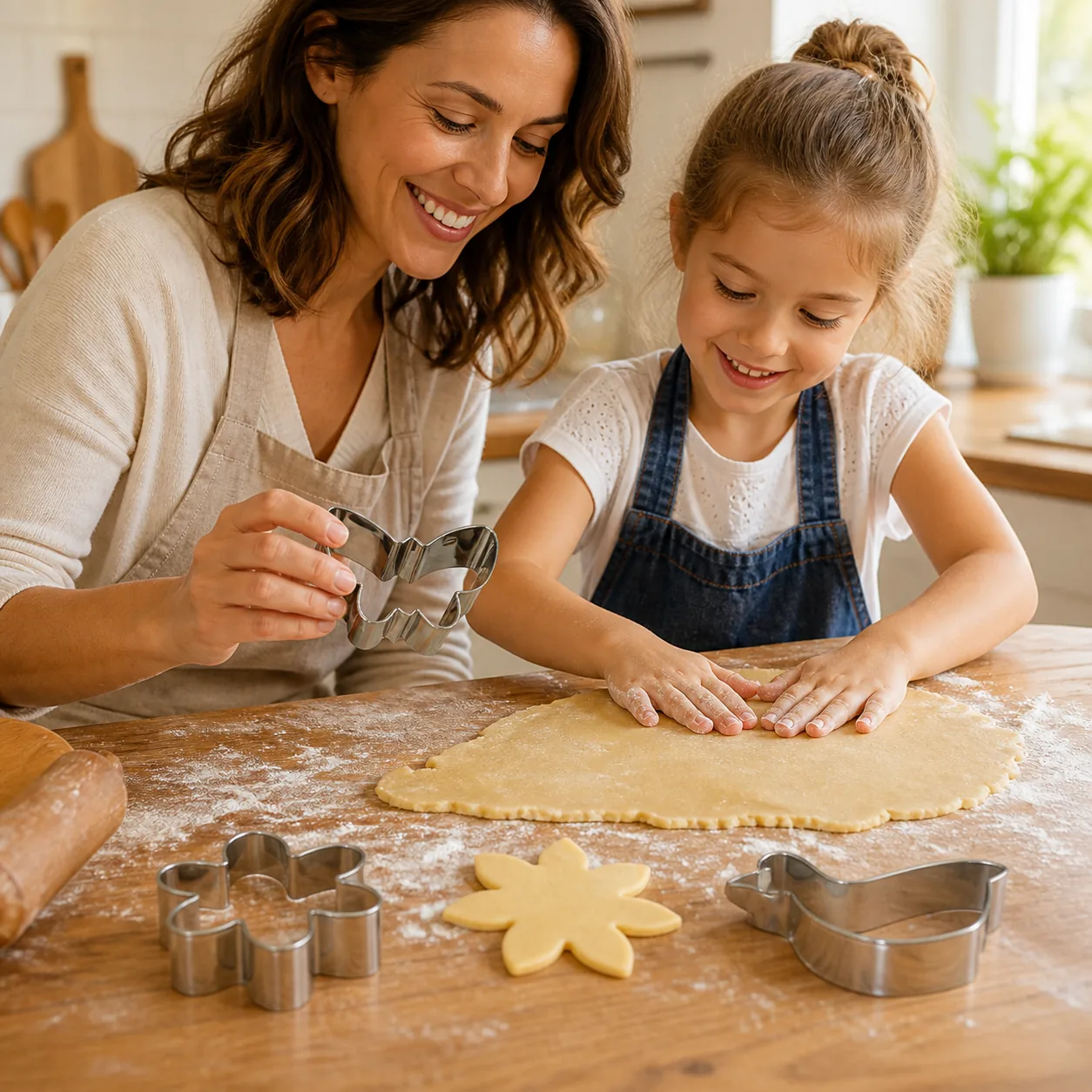 Familia usando cortadores de mariposa flor y pájaro en la cocina