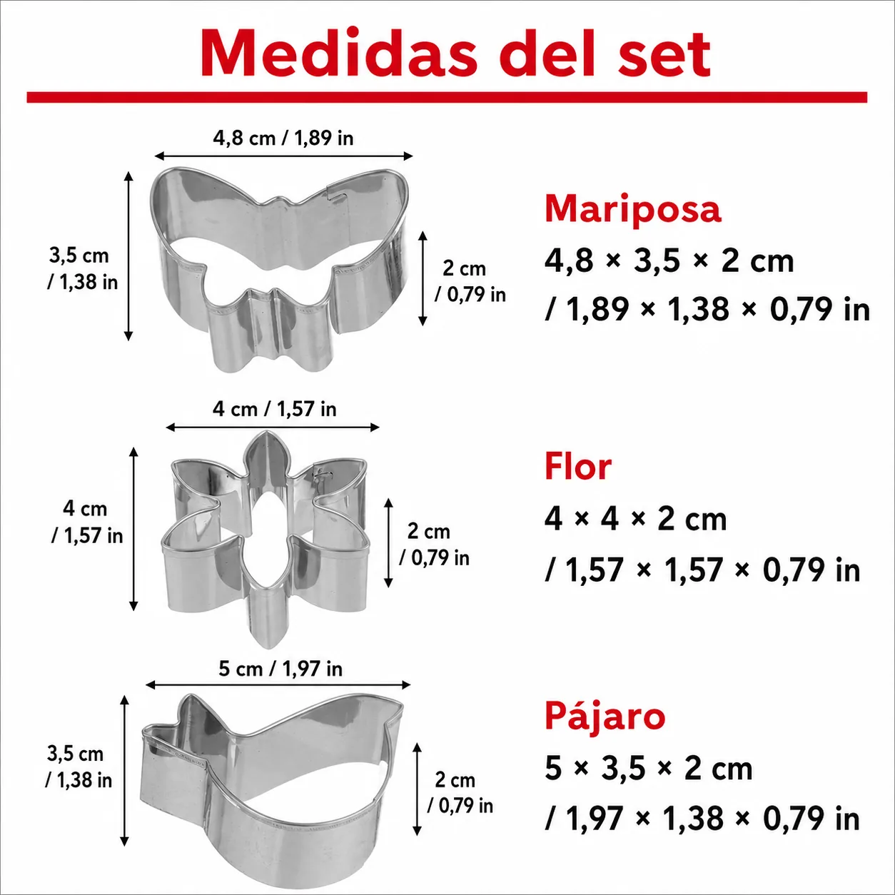 Medidas en centímetros y pulgadas de mariposa flor y pájaro