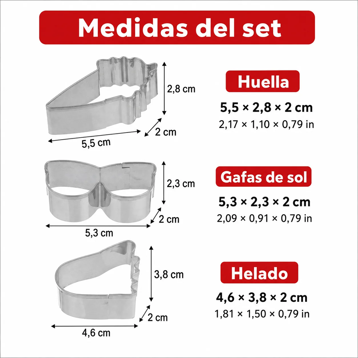 Medidas en centímetros y pulgadas del set de tres cortadores de verano