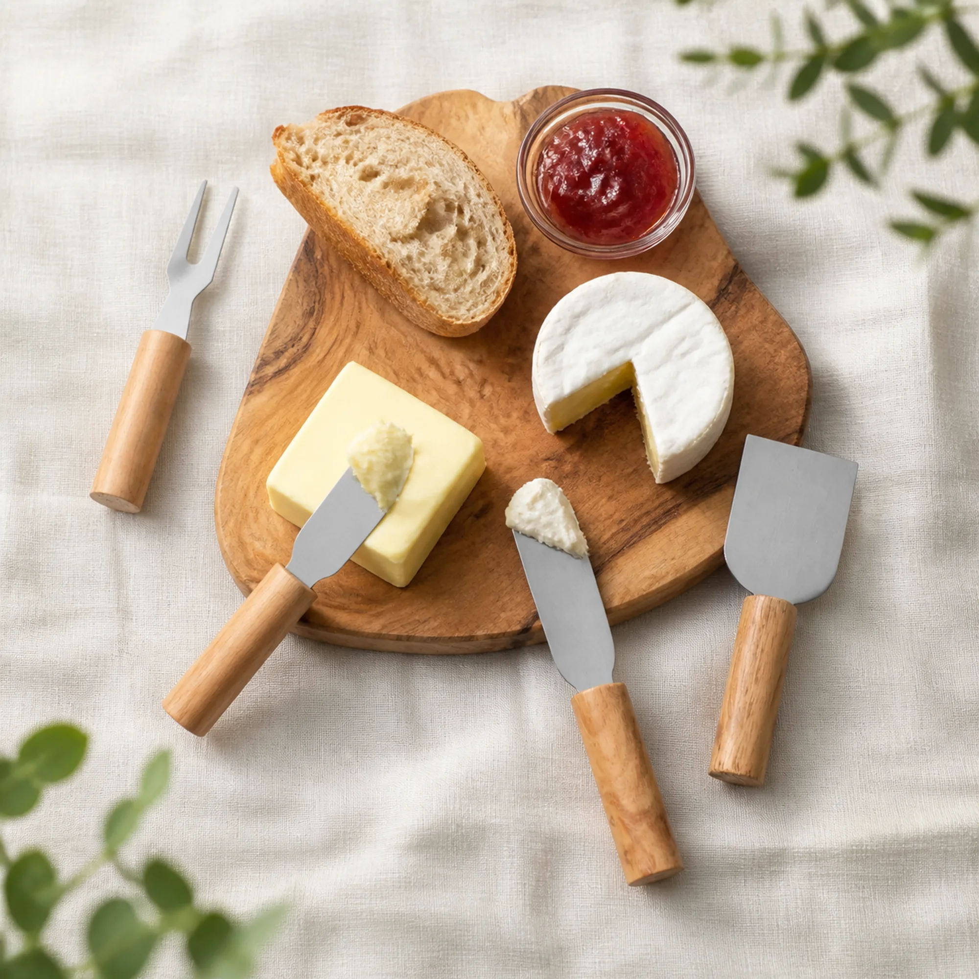 Cuatro utensilios diferentes para mantequilla y queso en una tabla de aperitivos