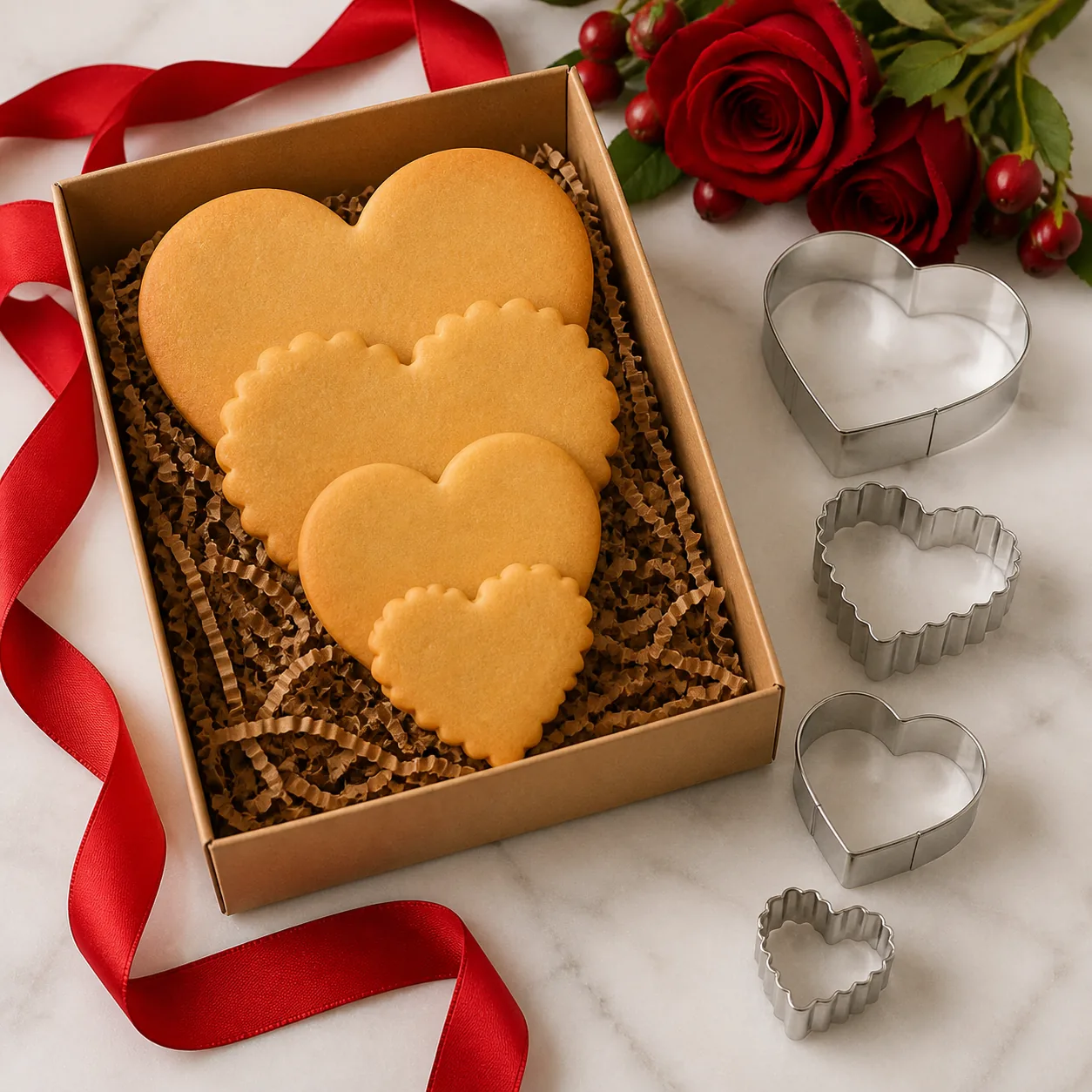 Galletas de corazón en caja de regalo junto a cuatro cortadores