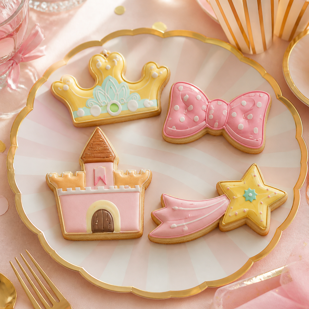 Galletas decoradas con formas de corona, lazo, castillo y estrella fugaz para fiesta infantil