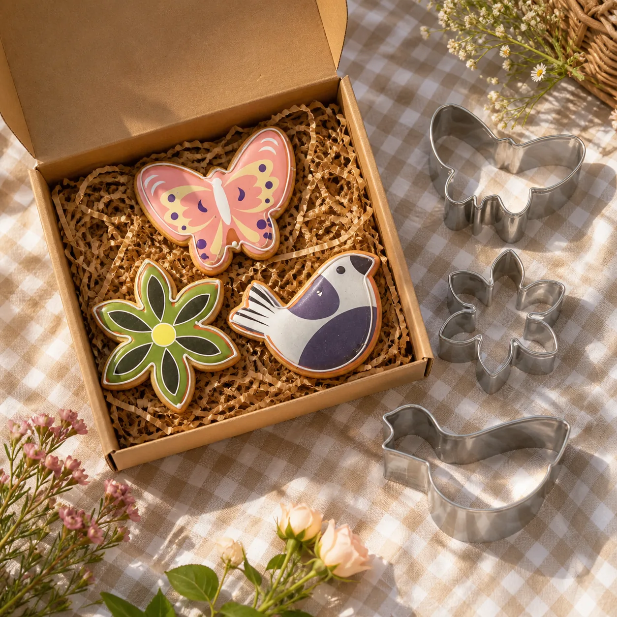Galletas de naturaleza en caja de regalo junto a tres cortadores