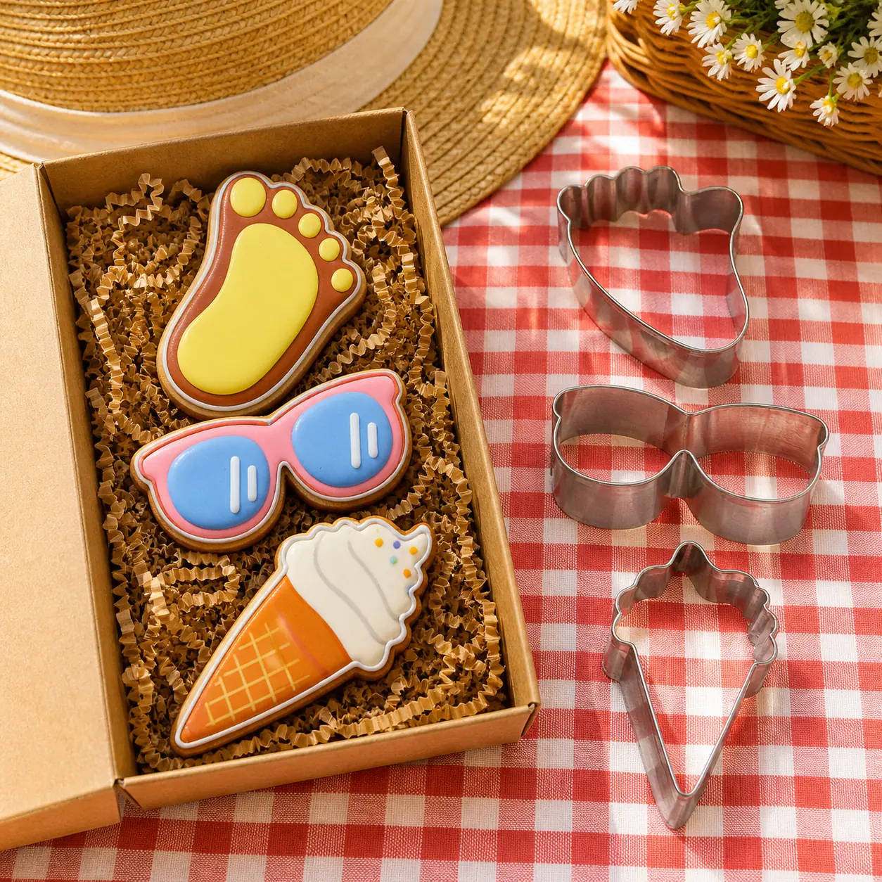 Galletas de verano en caja de regalo junto a tres cortadores