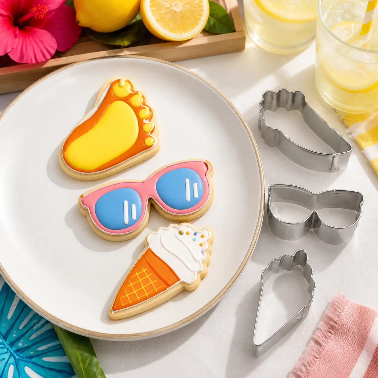 Galletas de verano decoradas con huella, gafas de sol y helado