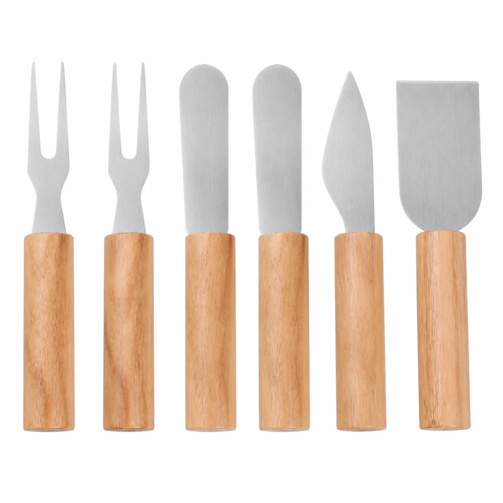 Set de 6 utensilios con 2 tenedores y 4 esparcidores de mango de madera