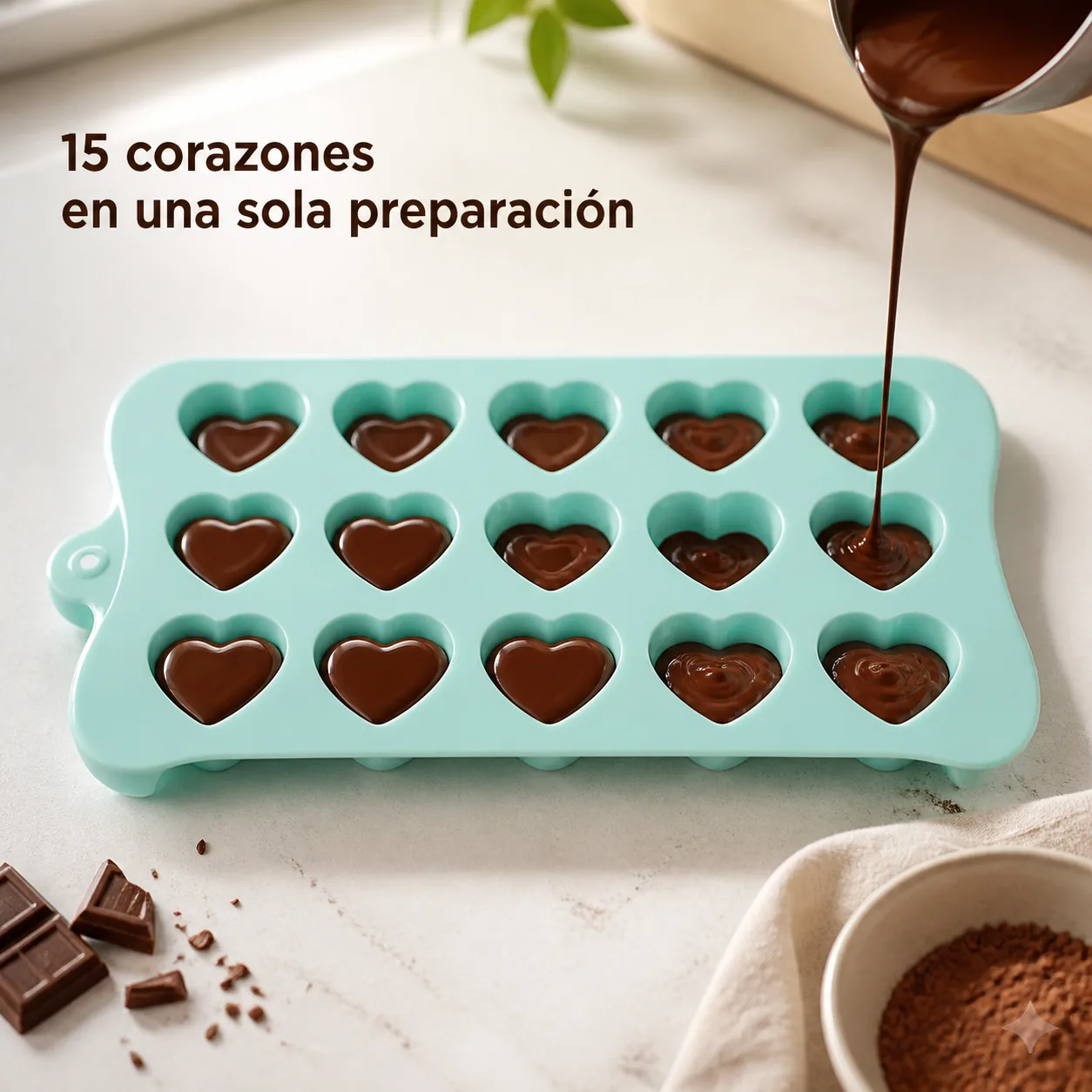 Molde de 15 corazones siendo llenado con chocolate