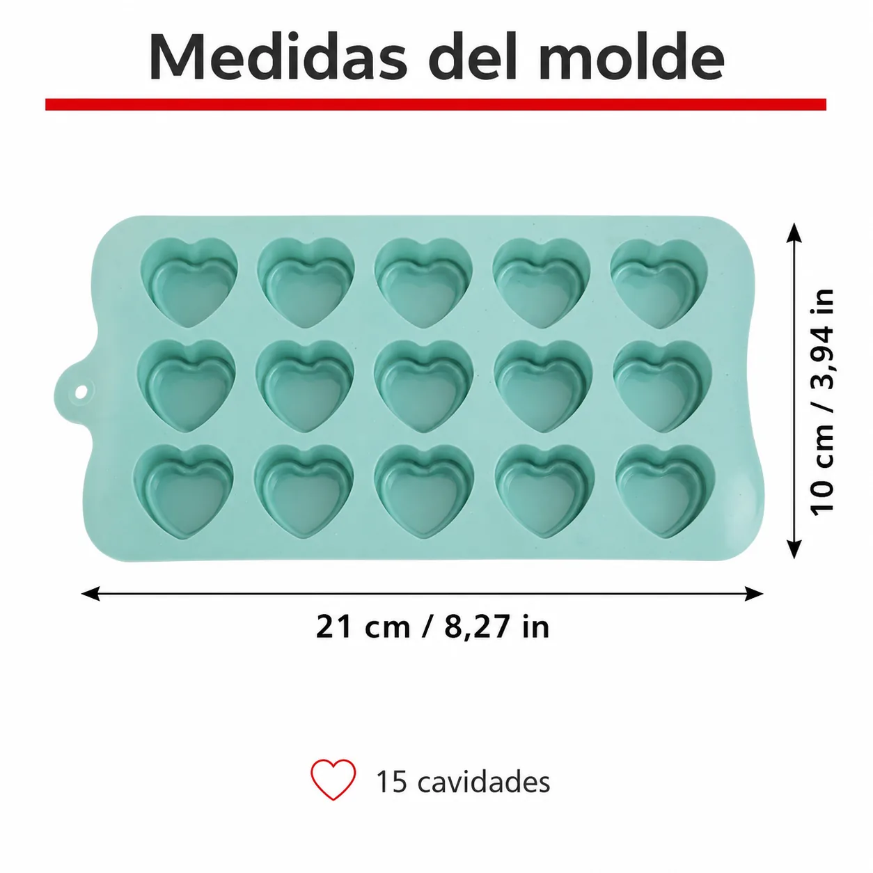 Medidas de molde de corazón 21 por 10 centímetros y pulgadas