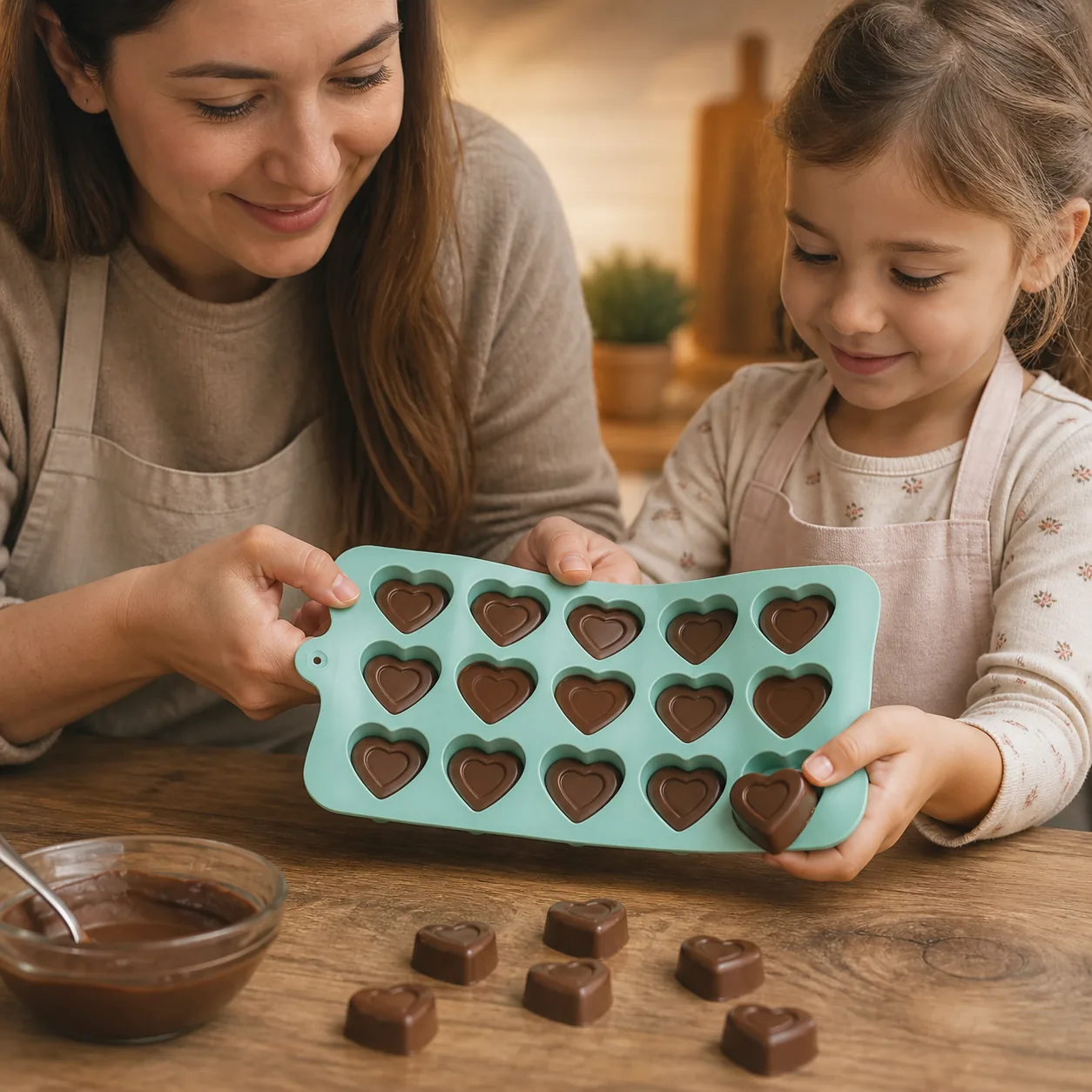 Familia desmoldando chocolates de corazón con molde flexible