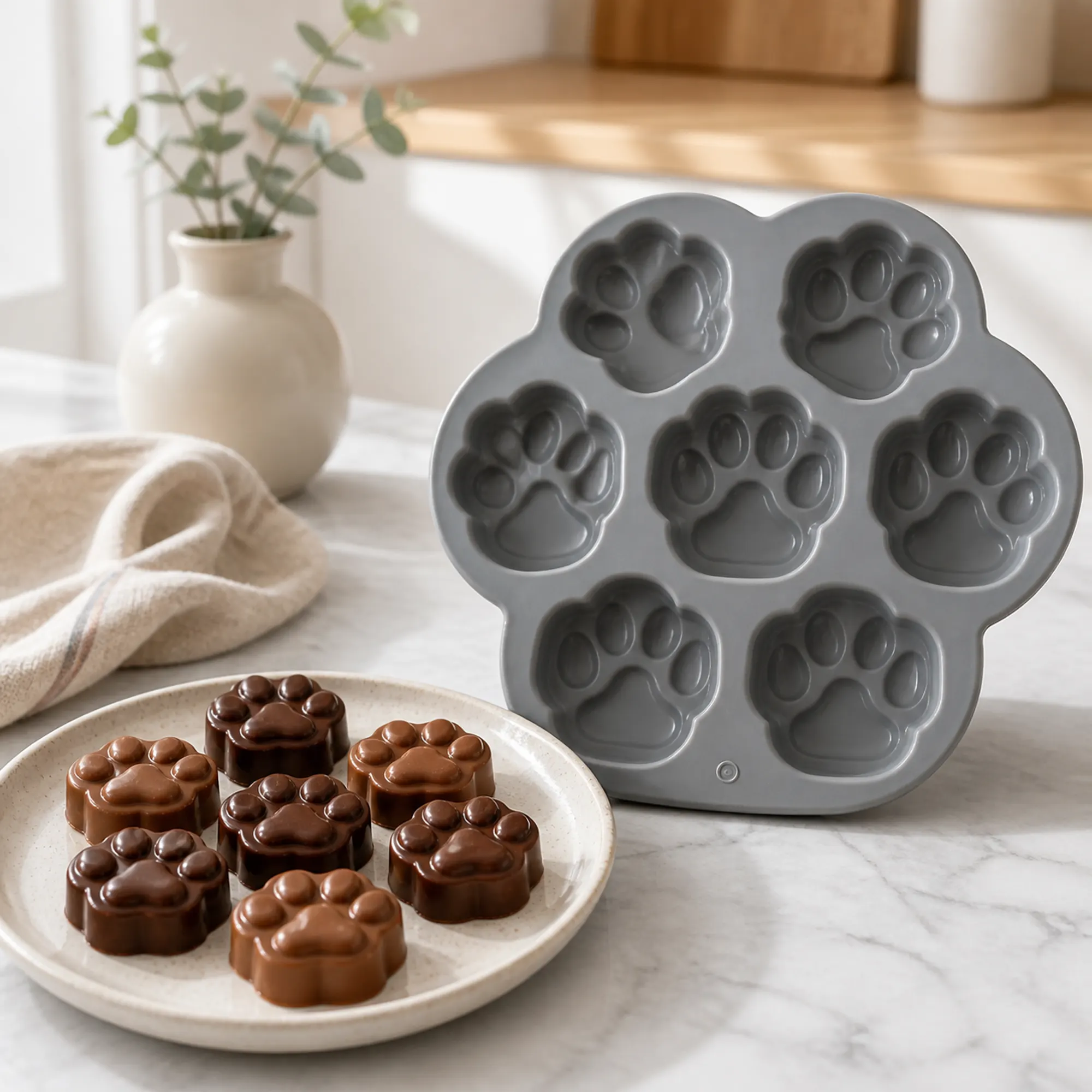 Molde gris de 7 huellas junto a chocolates terminados en un plato